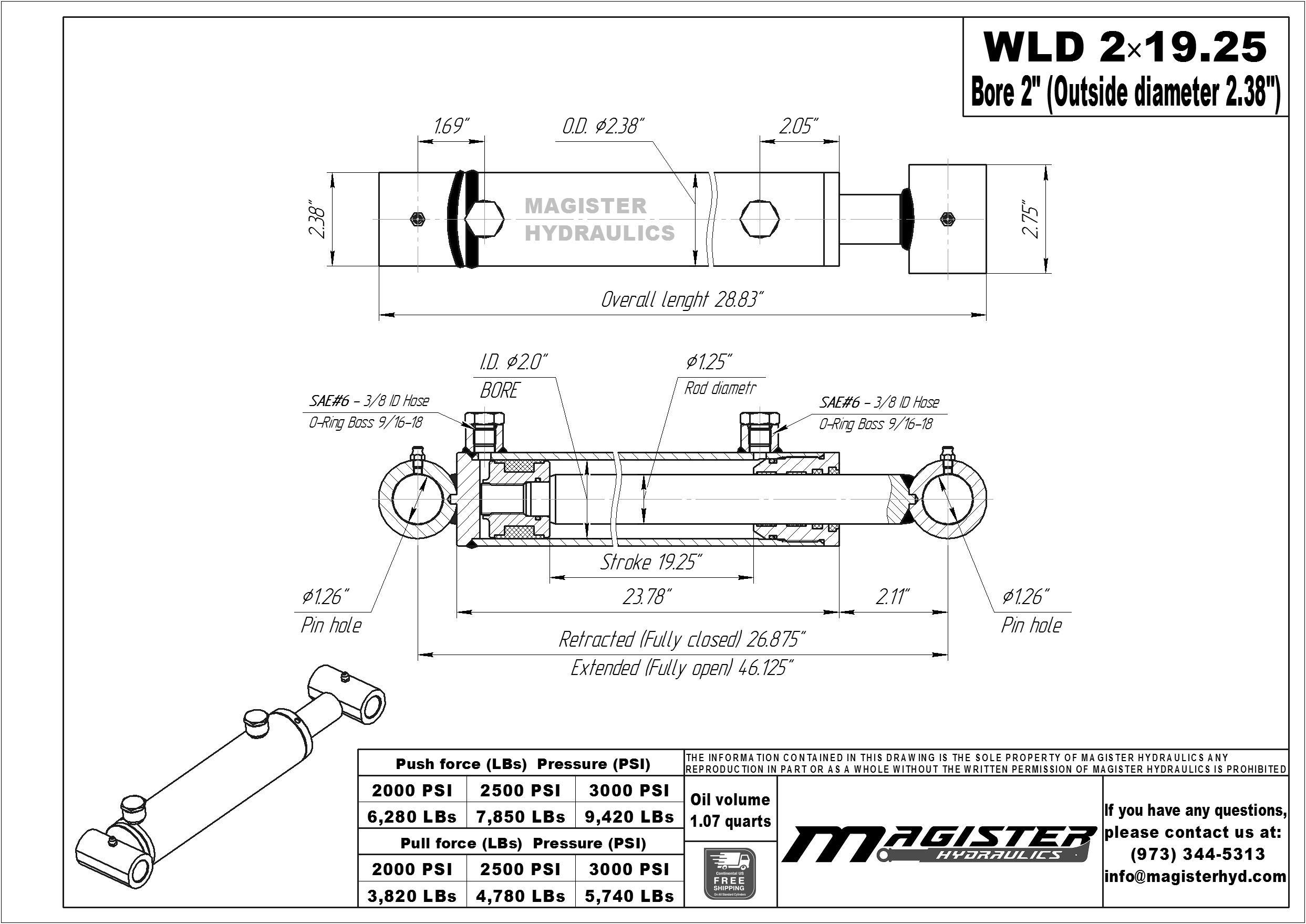 2 bore x 19.25 stroke hydraulic cylinder, welded loader double acting cylinder | Magister Hydraulics