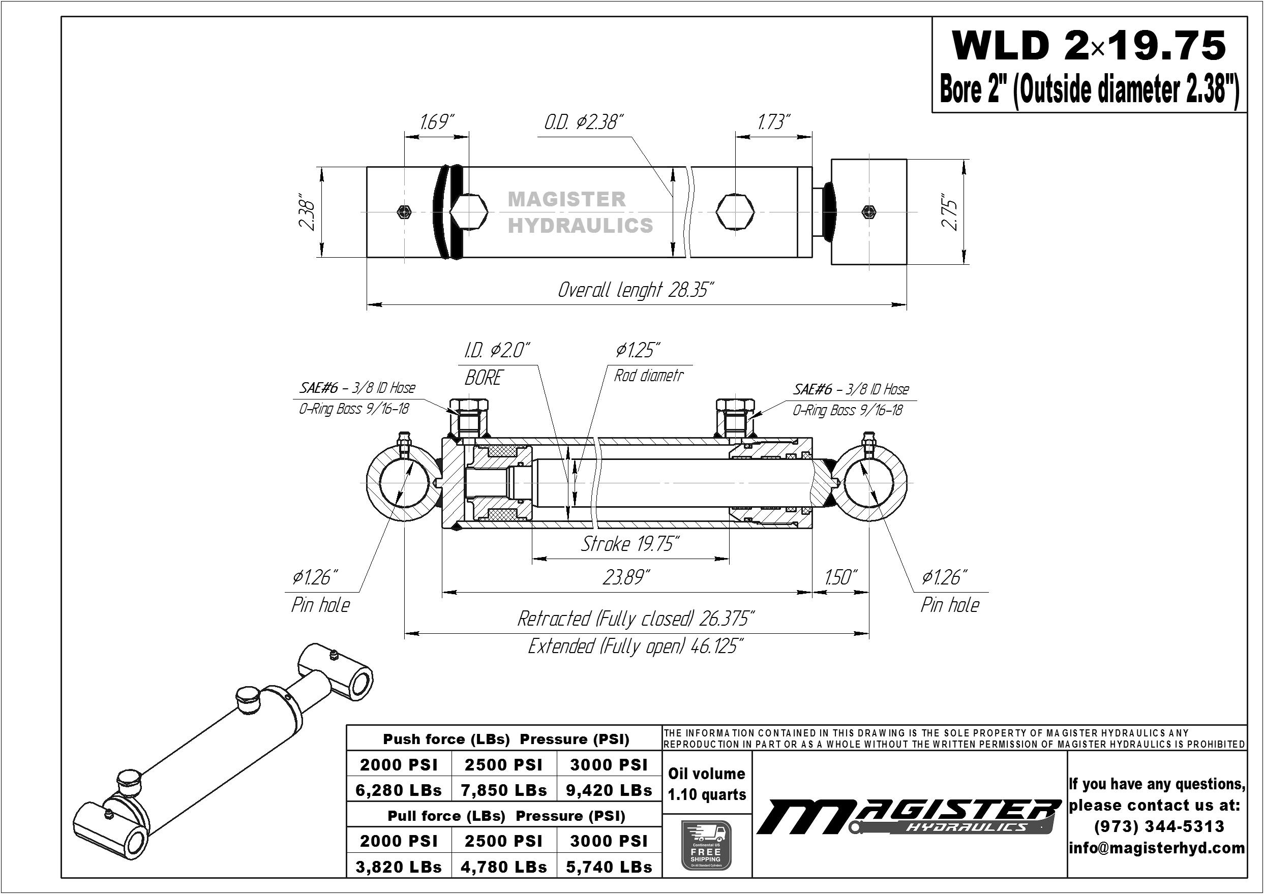 2 bore x 19.75 stroke hydraulic cylinder, welded loader double acting cylinder | Magister Hydraulics