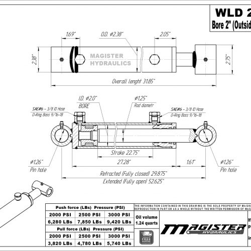2 bore x 22.75 stroke hydraulic cylinder, welded loader double acting cylinder | Magister Hydraulics 2 bore x 22.75 stroke hydraulic cylinder, welded loader double acting cylinder | Magister Hydraulics