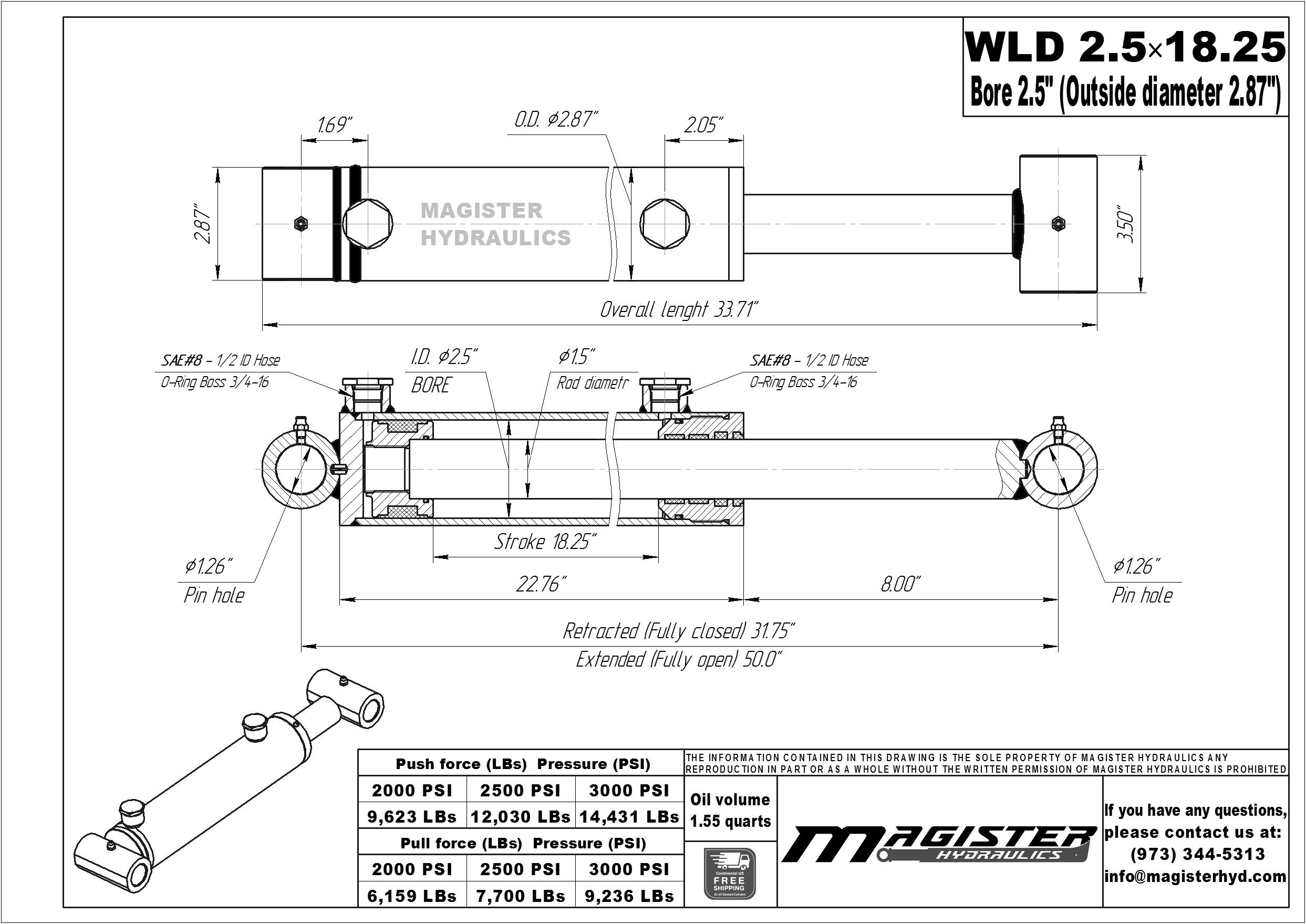 2.5 bore x 18.25 stroke hydraulic cylinder, welded loader double acting cylinder | Magister Hydraulics