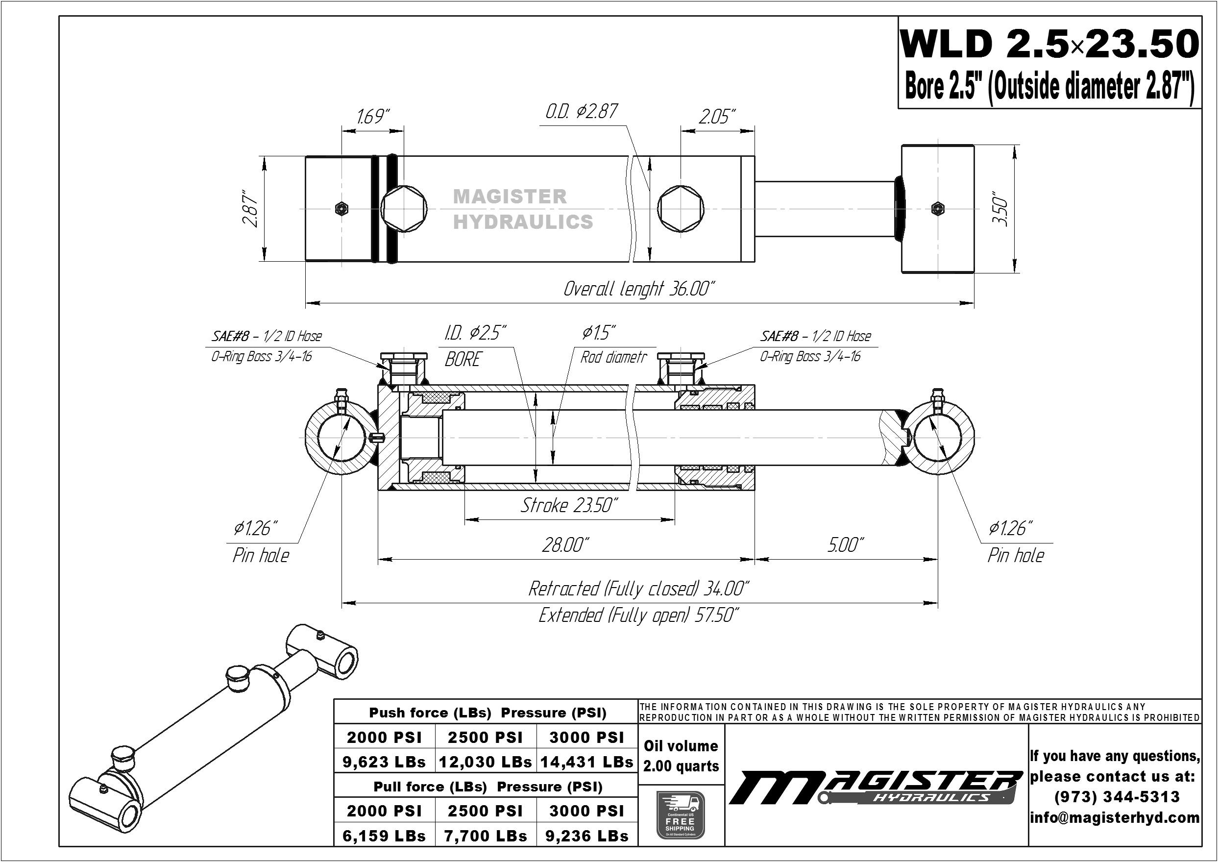 2.5 bore x 23.5 stroke hydraulic cylinder, welded loader double acting cylinder | Magister Hydraulics