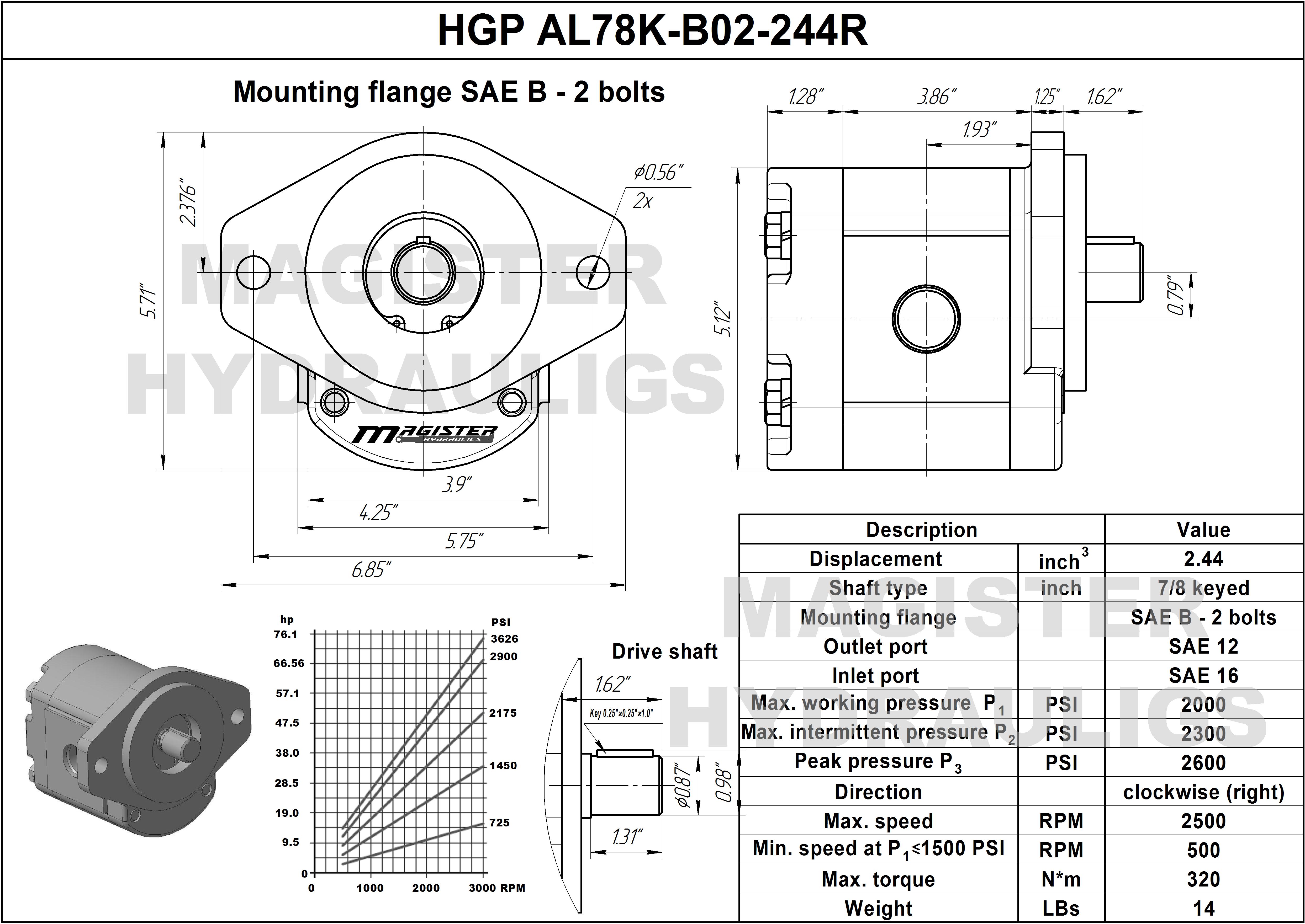 2.44 CID hydraulic gear pump, 7/8 keyed shaft clockwise gear pump | Magister Hydraulics