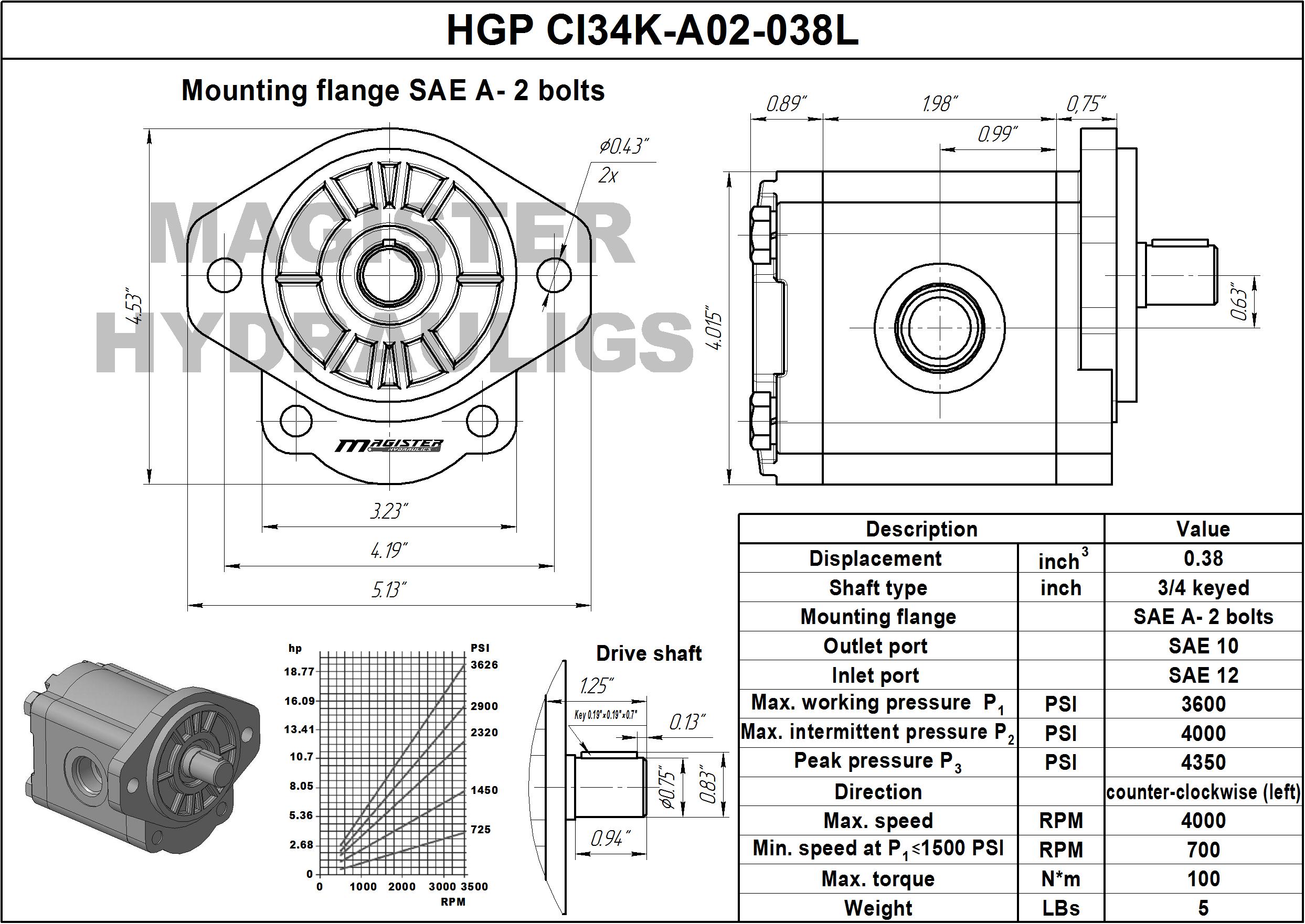 0.38 CID hydraulic gear pump, 3/4 keyed shaft counter-clockwise gear pump | Magister Hydraulics