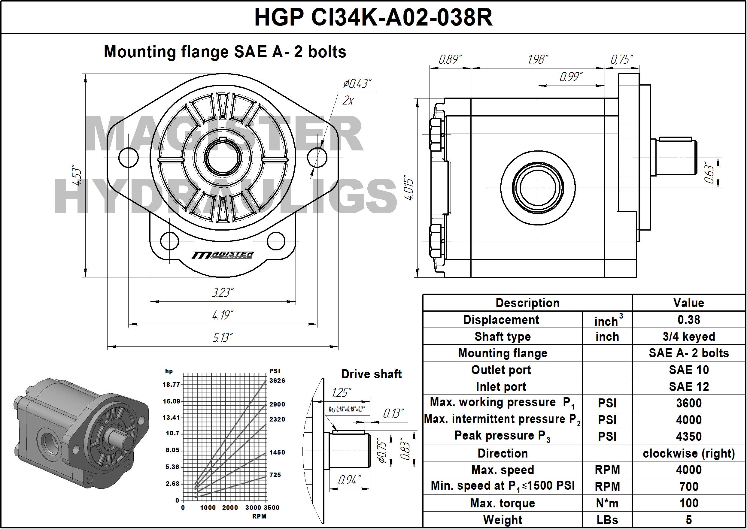 0.38 CID hydraulic gear pump, 3/4 keyed shaft clockwise gear pump | Magister Hydraulics