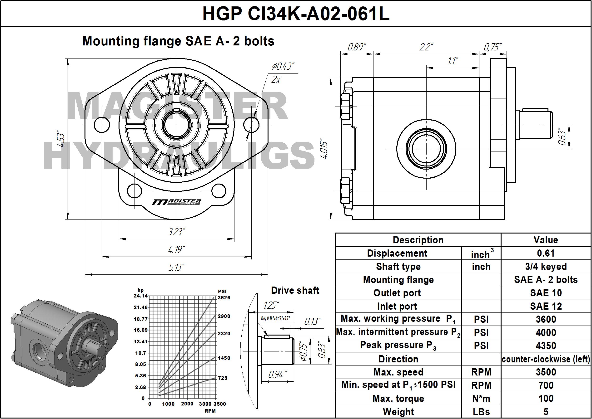 0.61 CID hydraulic gear pump, 3/4 keyed shaft counter-clockwise gear pump | Magister Hydraulics