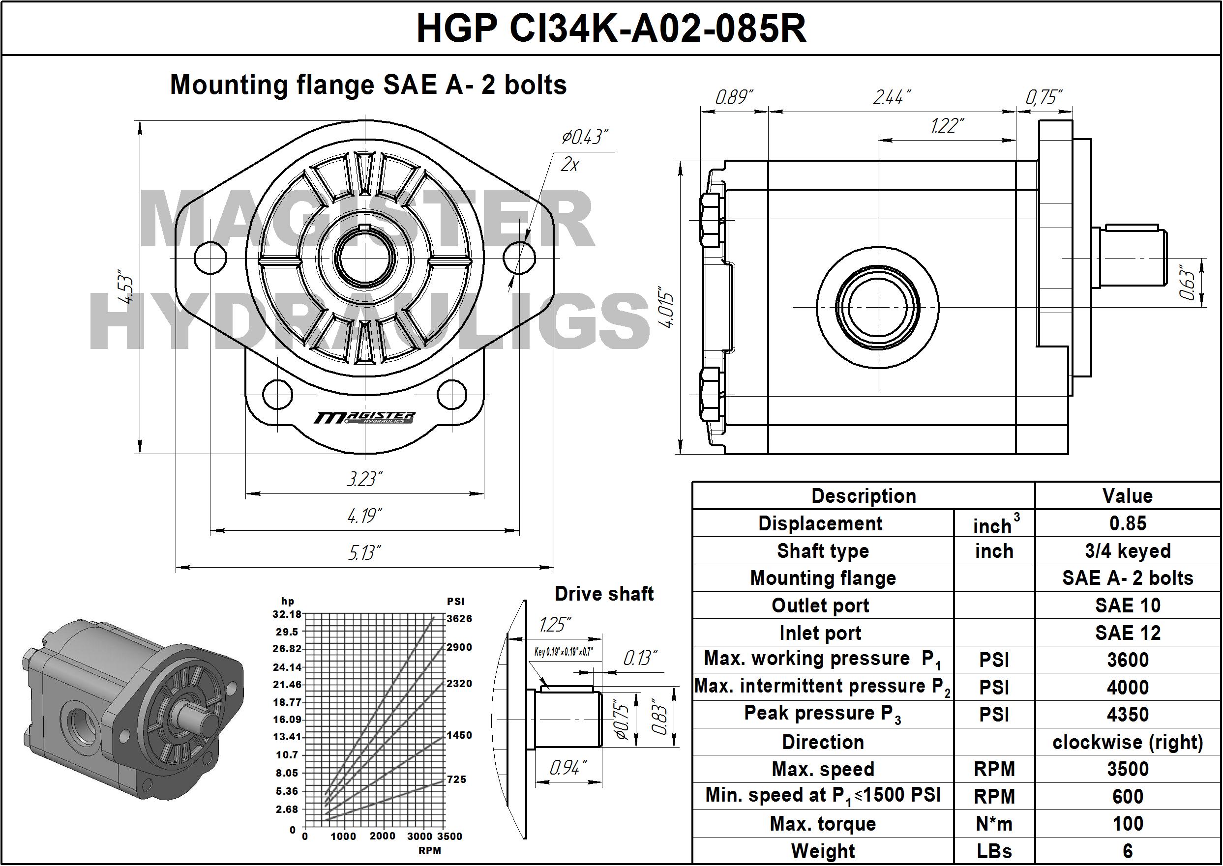 0.85 CID hydraulic gear pump, 3/4 keyed shaft clockwise gear pump | Magister Hydraulics