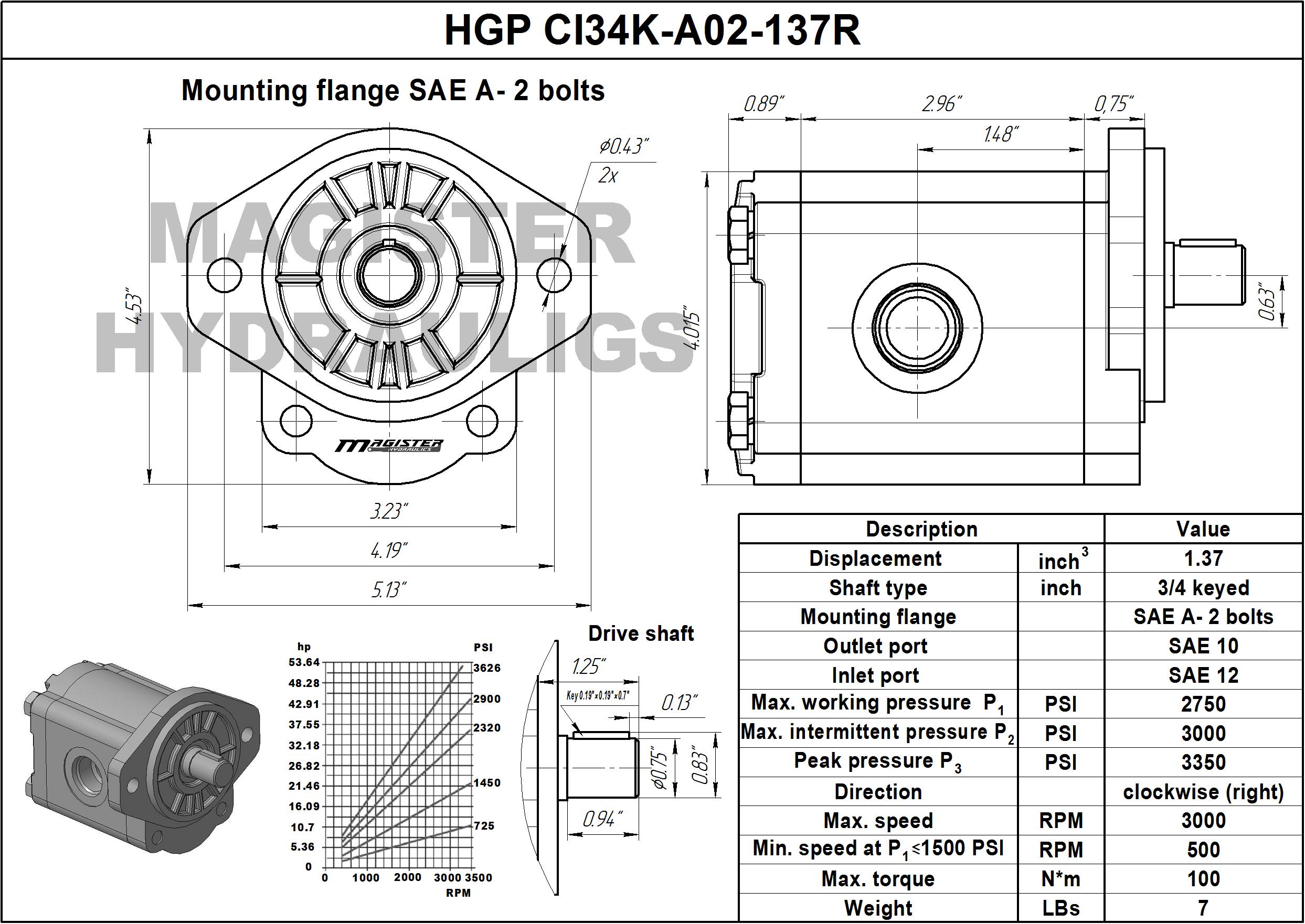 1.37 CID hydraulic gear pump, 3/4 keyed shaft clockwise gear pump | Magister Hydraulics