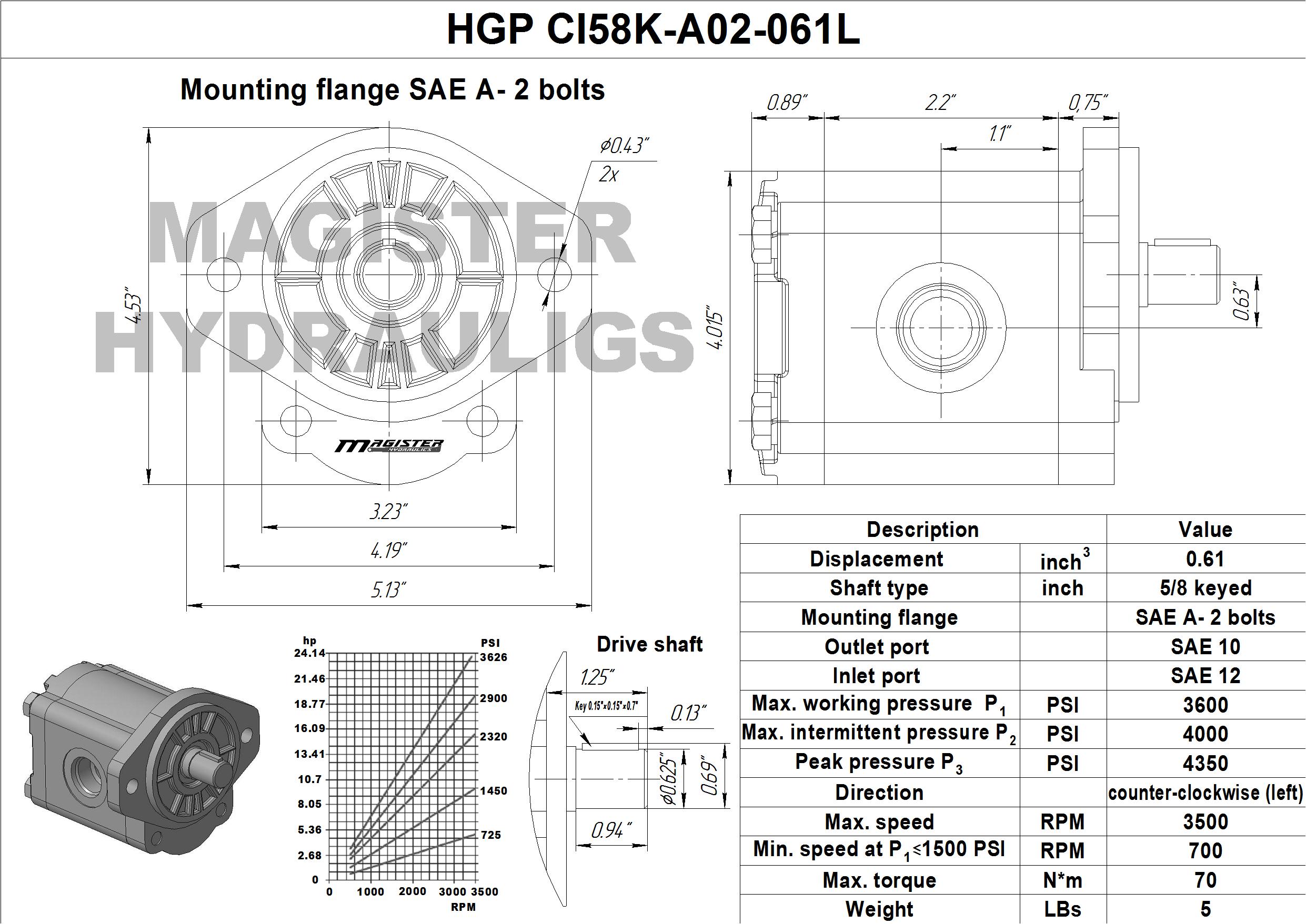 0.61 CID hydraulic gear pump, 5/8 keyed shaft counter-clockwise gear pump | Magister Hydraulics