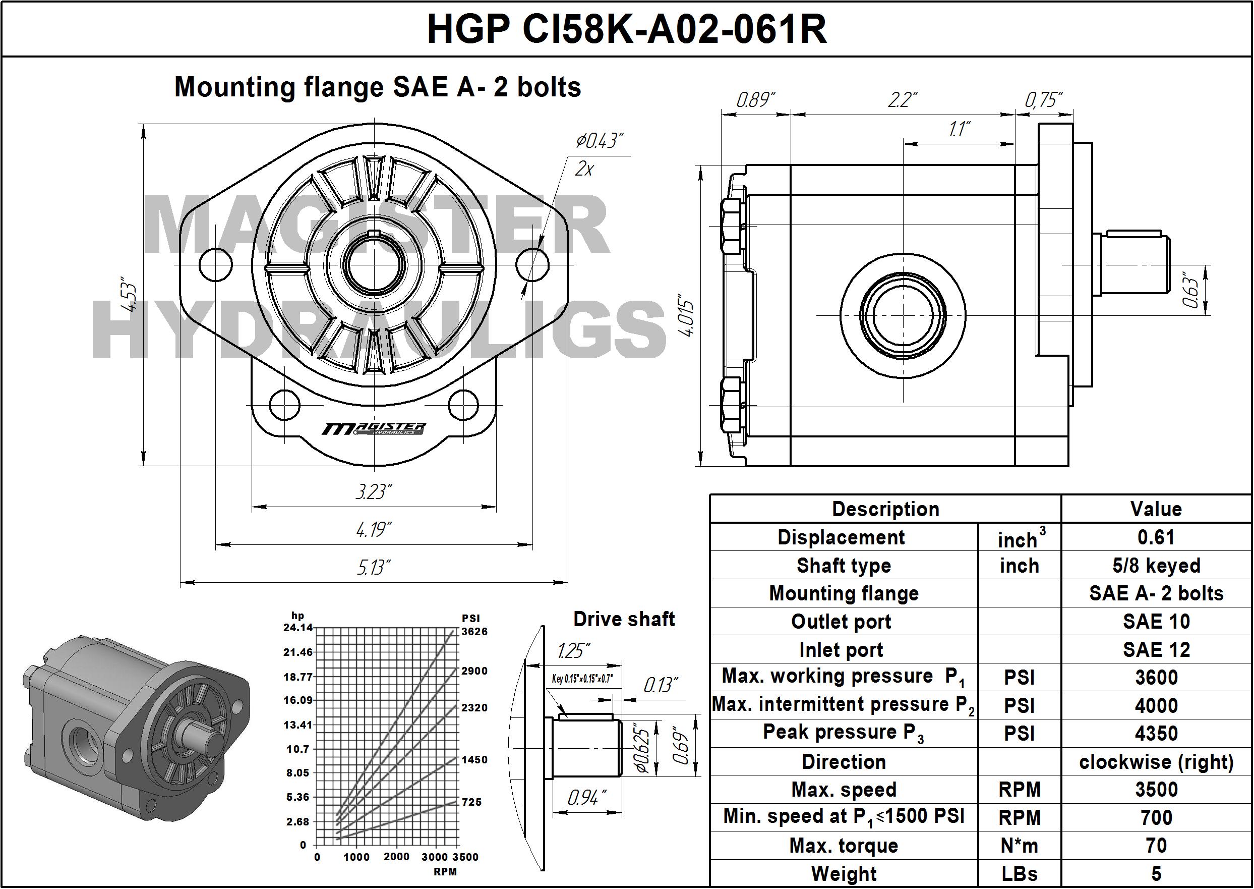 0.61 CID hydraulic gear pump, 5/8 keyed shaft clockwise gear pump | Magister Hydraulics