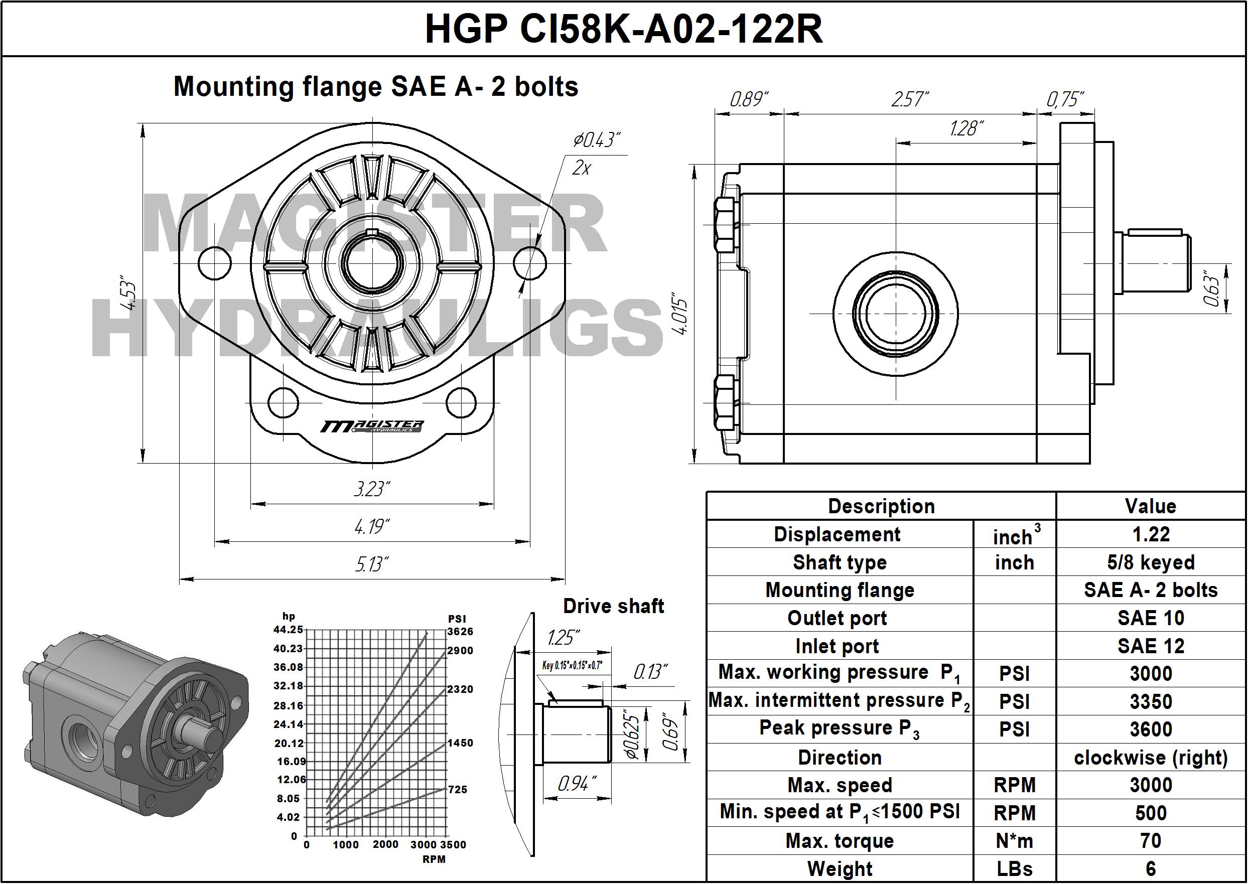 1.22 CID hydraulic gear pump, 5/8 keyed shaft clockwise gear pump | Magister Hydraulics