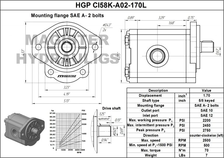 1.70 CID hydraulic gear pump, 5/8 keyed shaft counter-clockwise gear pump | Magister Hydraulics 1.70 CID hydraulic gear pump, 5/8 keyed shaft counter-clockwise gear pump | Magister Hydraulics