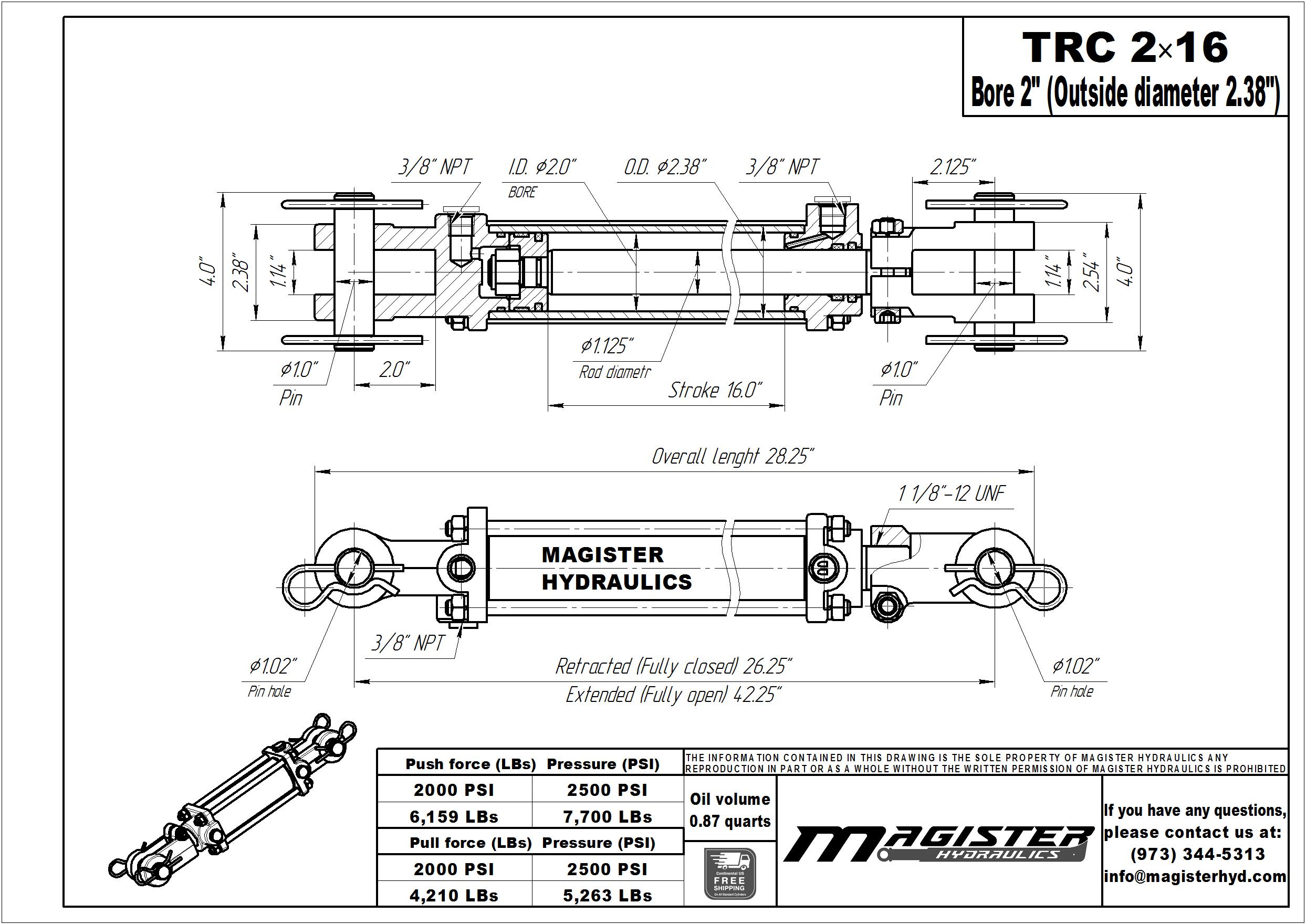 2 bore x 16 stroke hydraulic cylinder, tie rod double acting cylinder | Magister Hydraulics