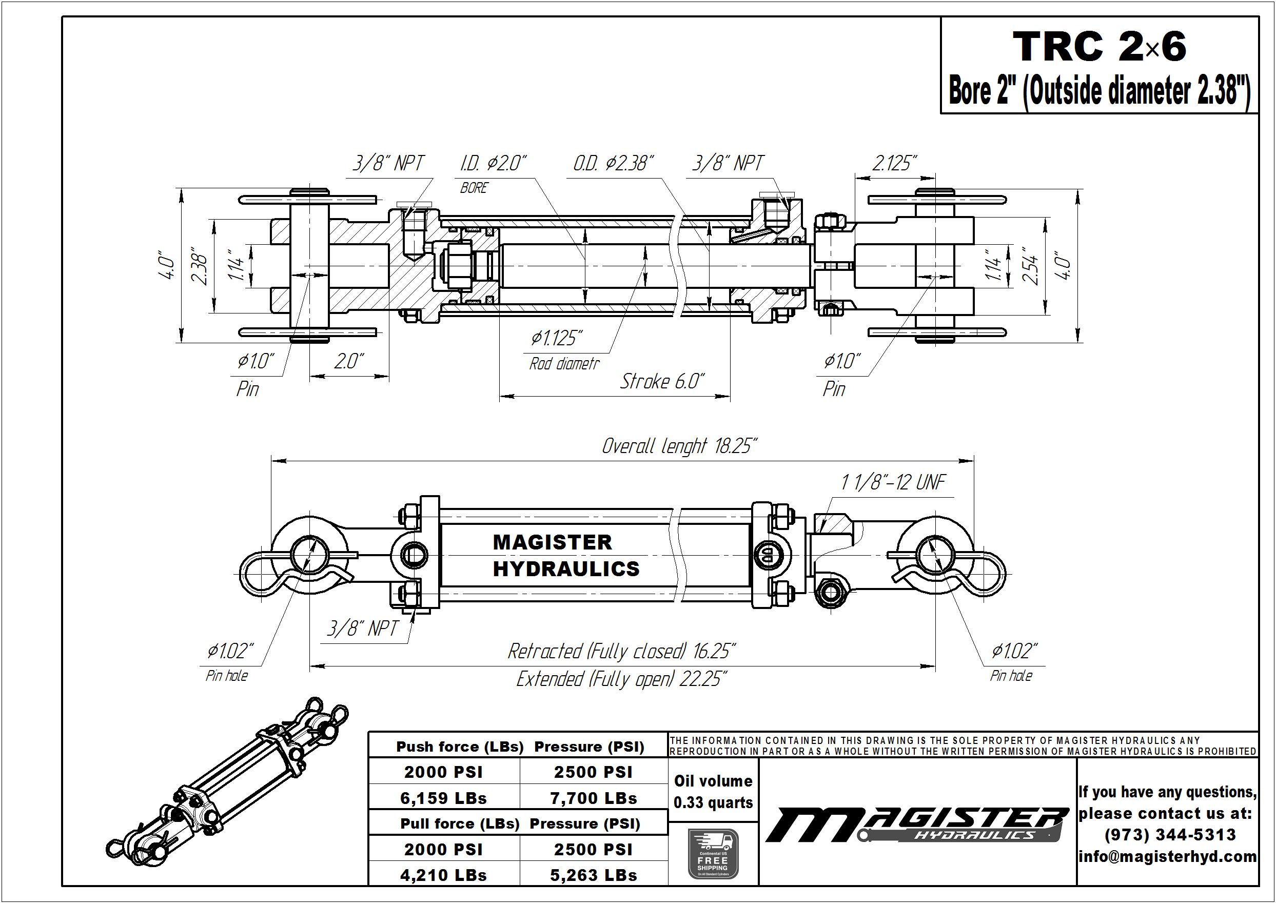 2 bore x 6 stroke hydraulic cylinder, tie rod double acting cylinder | Magister Hydraulics