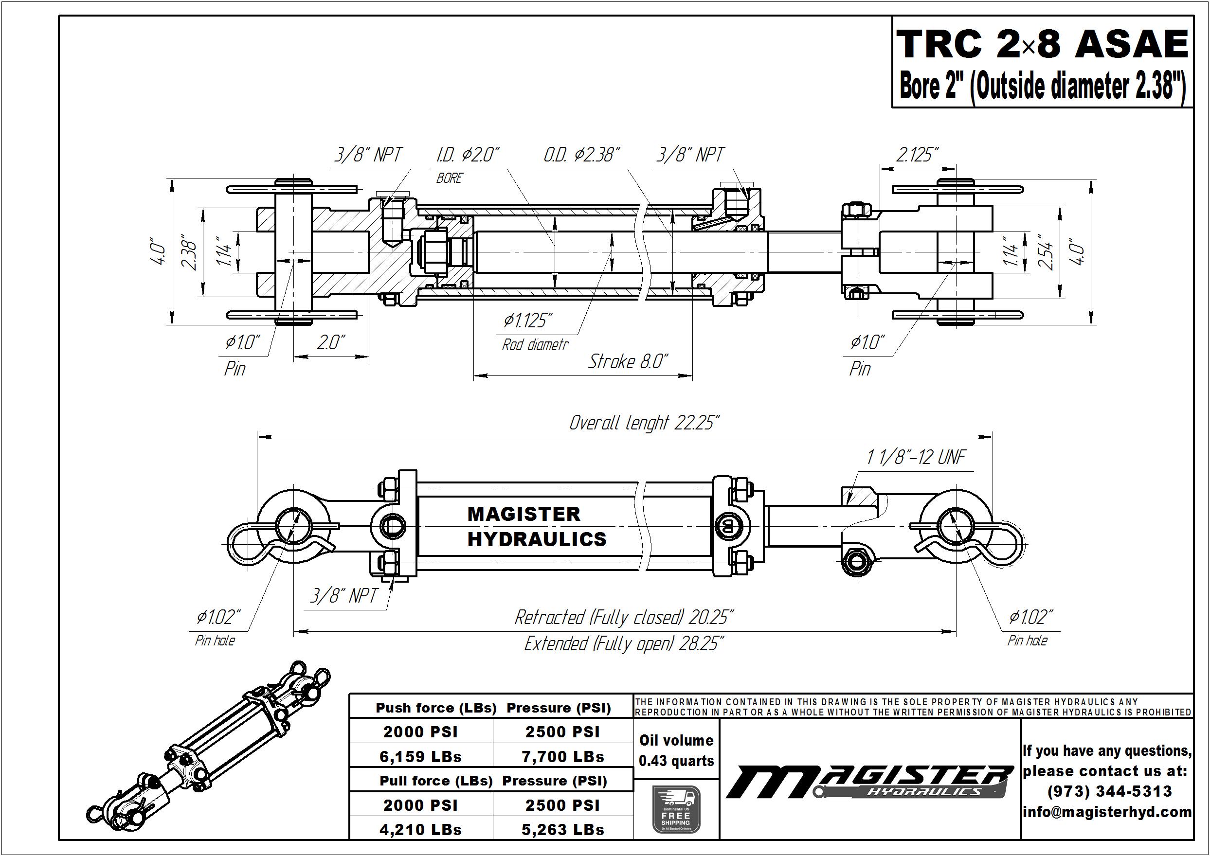 TRC 2x8 ASAE Tie Rod Hydraulic Cylinder 2 in Bore 8 inc Stroke 2500 PSI 2x8 ASAE 