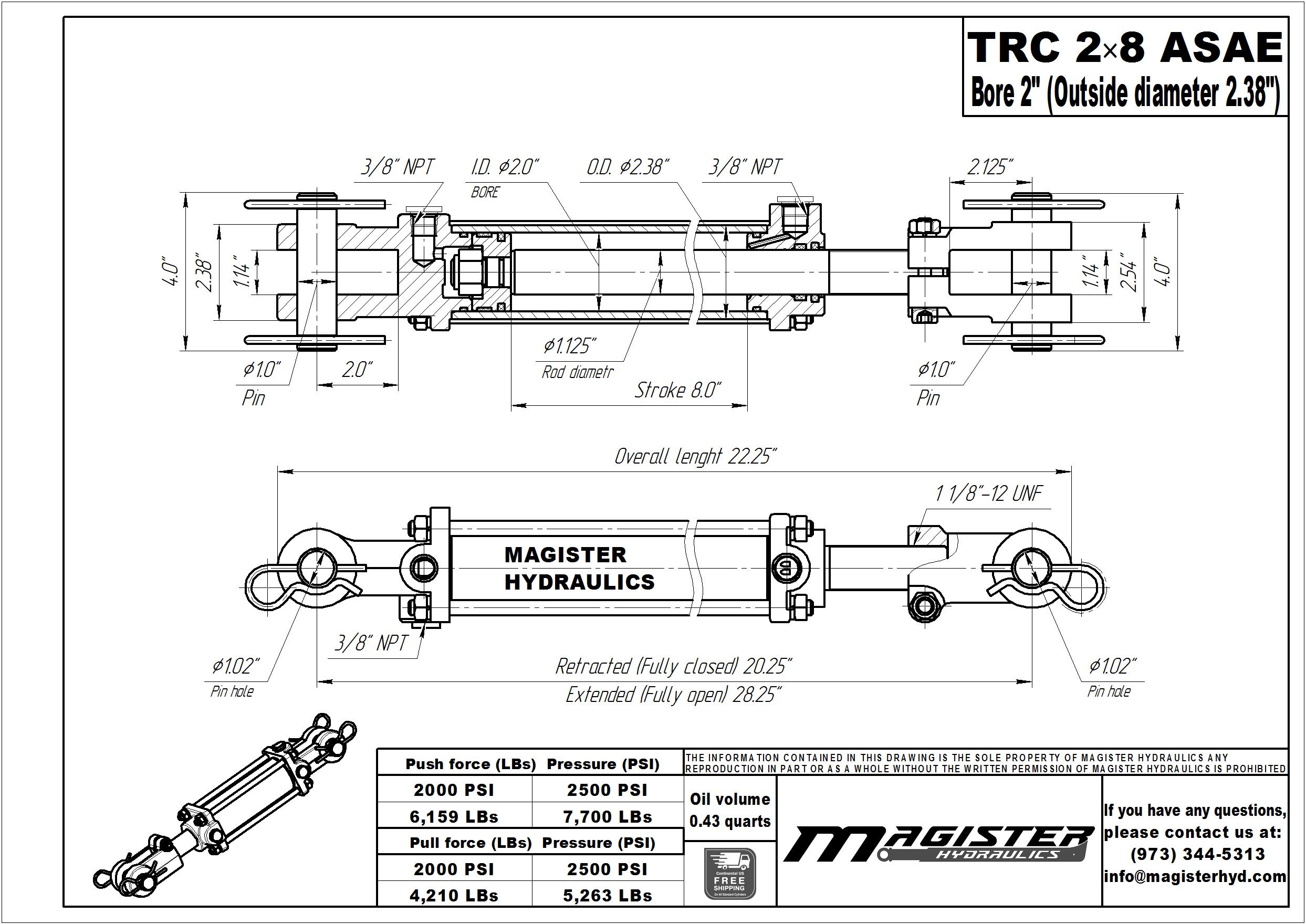 2 bore x 8 ASAE stroke hydraulic cylinder, tie rod double acting cylinder | Magister Hydraulics