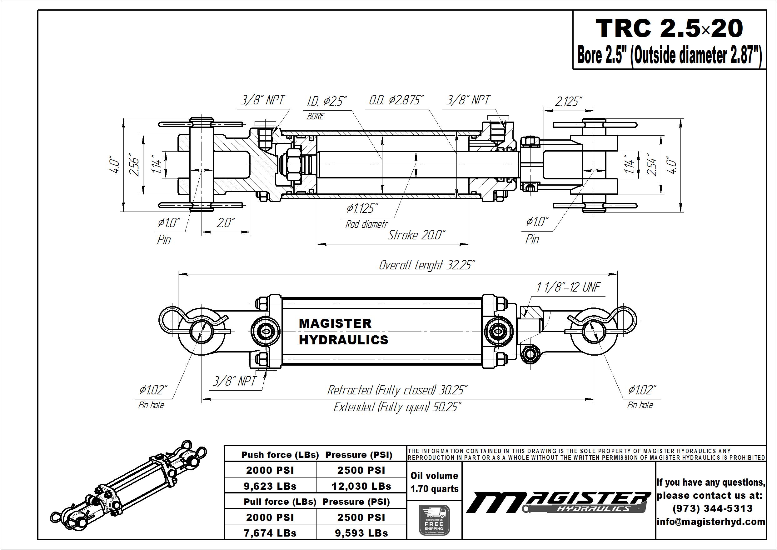 Stroke Bore and 8 in WEN TR2008 2500 PSI Tie Rod Hydraulic Cylinder with 2 in
