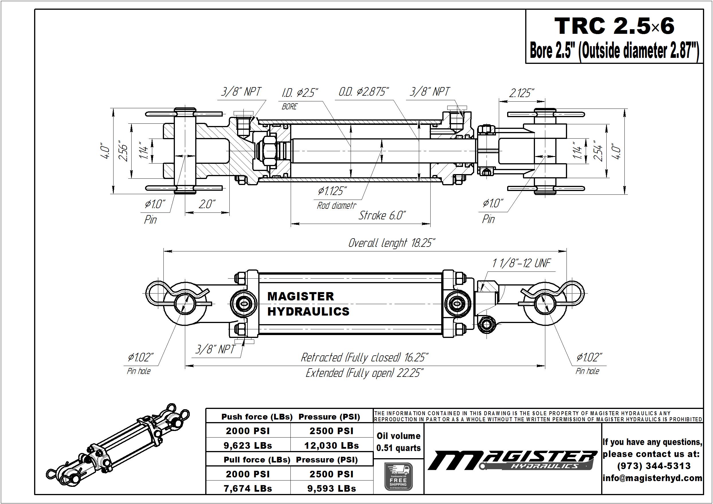 2.5 bore x 6 stroke hydraulic cylinder, tie rod double acting cylinder | Magister Hydraulics