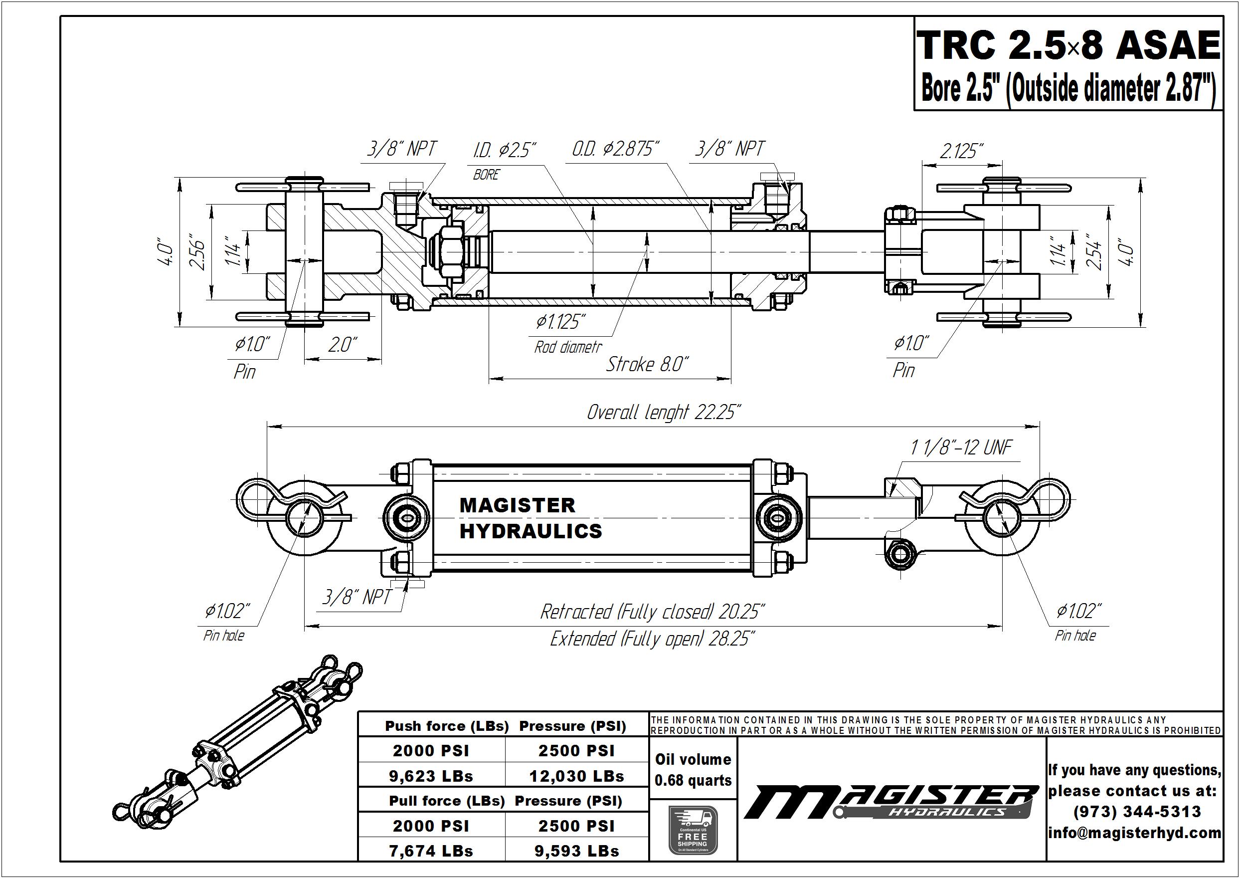 Stroke Bore and 8 in WEN TR2008 2500 PSI Tie Rod Hydraulic Cylinder with 2 in