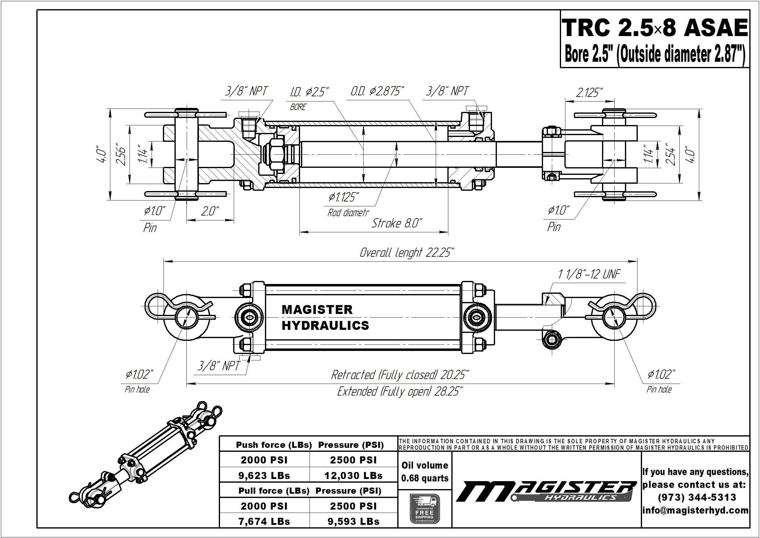 2.5 bore x 8 ASAE stroke hydraulic cylinder, tie rod double acting cylinder | Magister Hydraulics