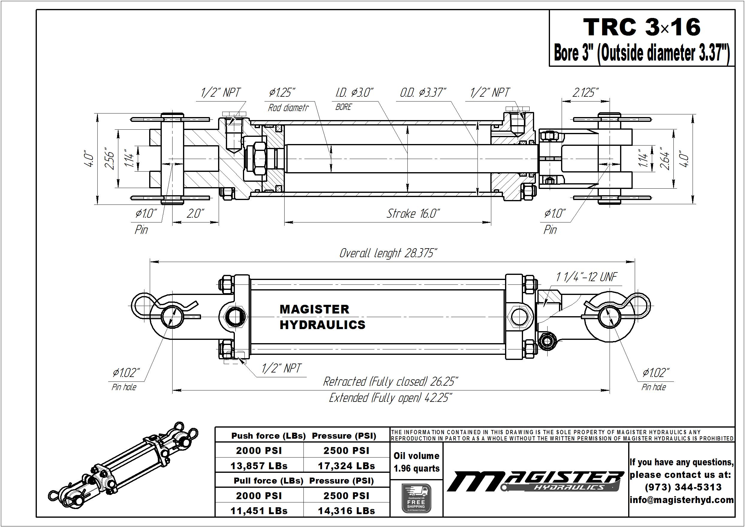 3 bore x 16 stroke hydraulic cylinder, tie rod double acting cylinder | Magister Hydraulics