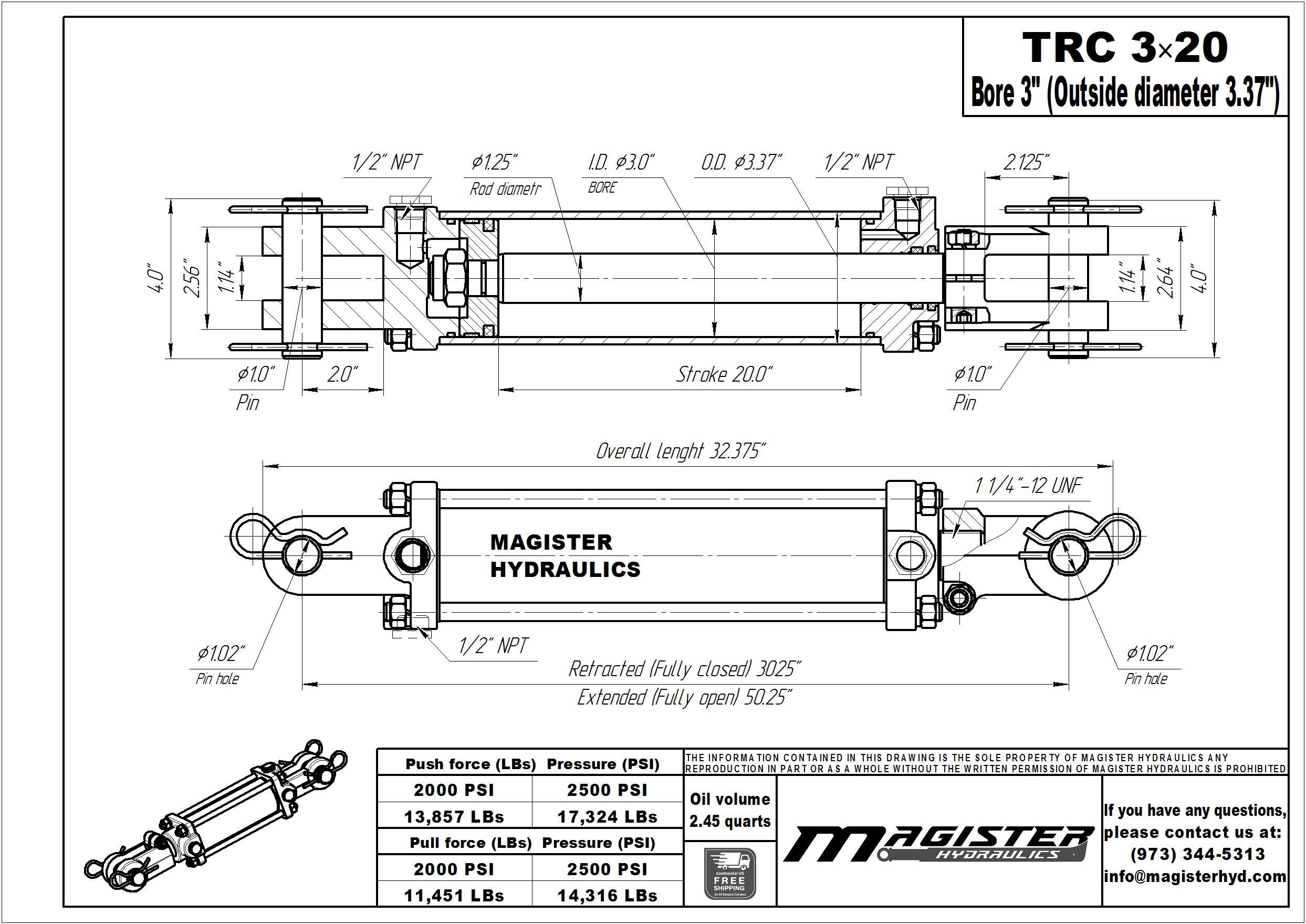 3 bore x 20 stroke hydraulic cylinder, tie rod double acting cylinder | Magister Hydraulics