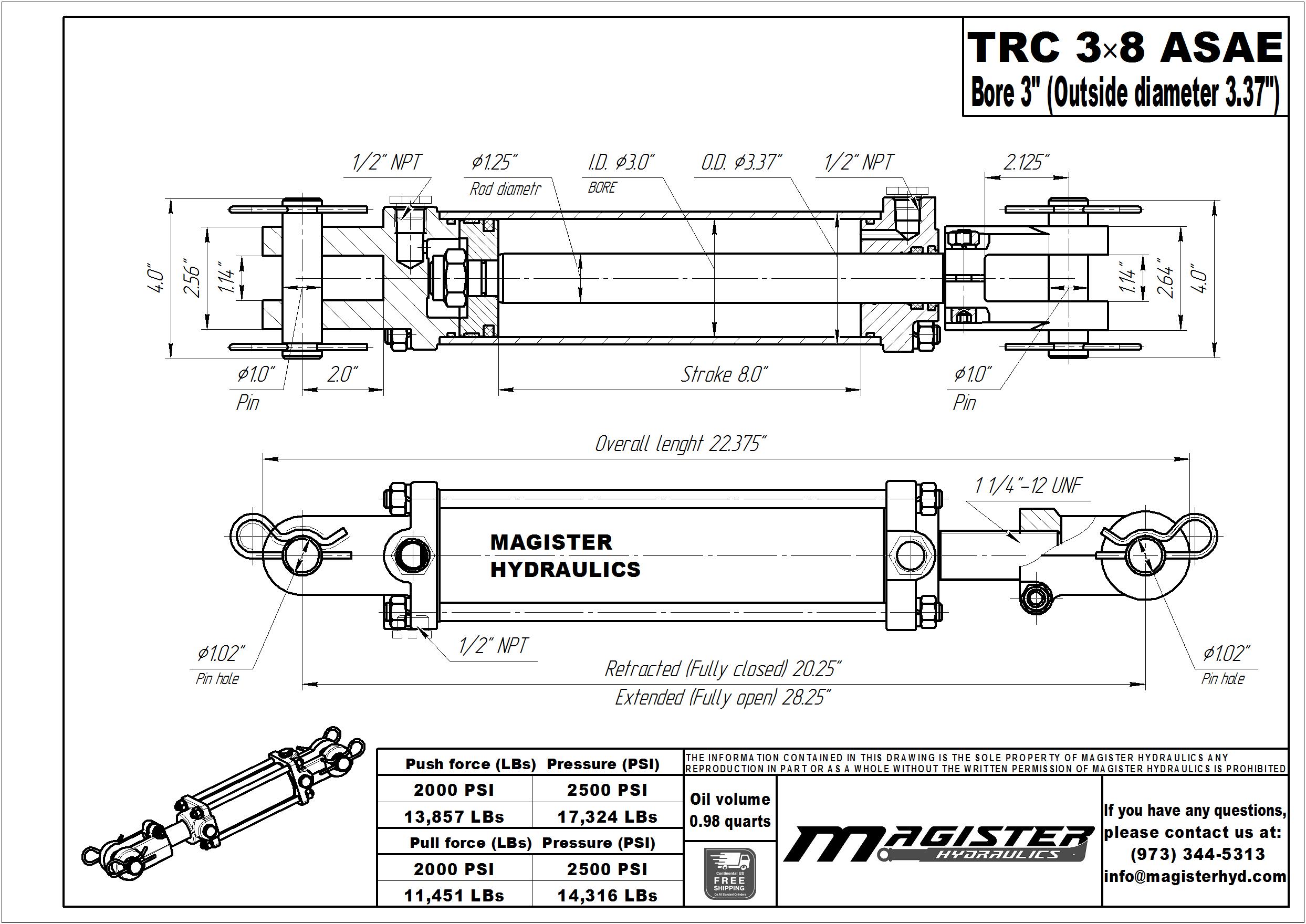 3 bore x 8 ASAE stroke hydraulic cylinder, tie rod double acting cylinder | Magister Hydraulics