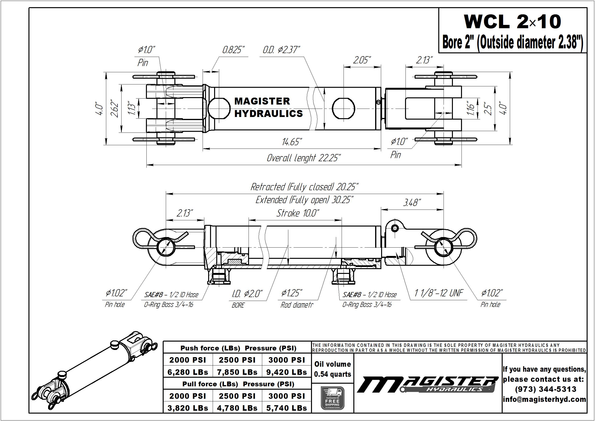 2 bore x 10 stroke hydraulic cylinder, welded clevis double acting cylinder | Magister Hydraulics