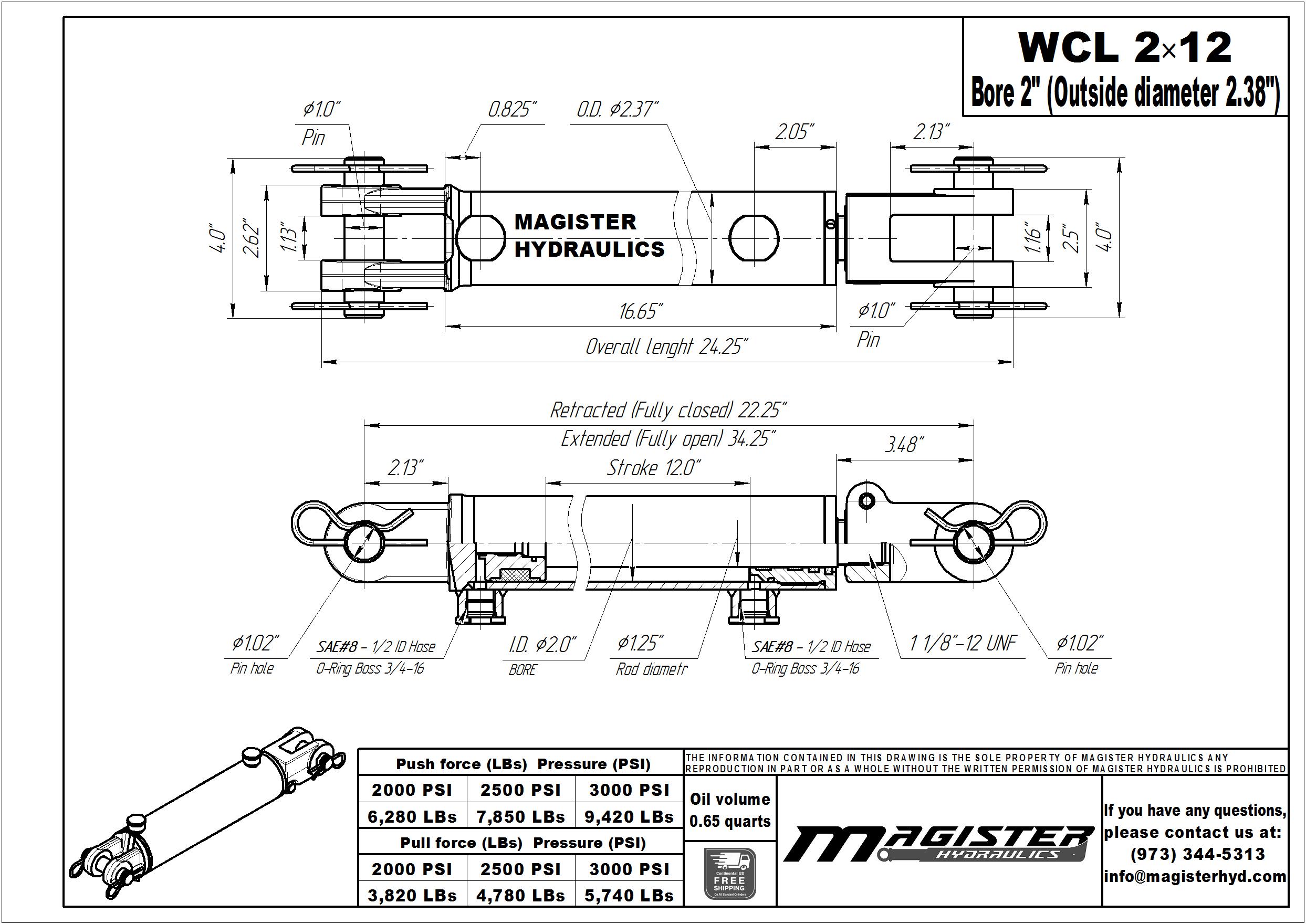 2 bore x 12 stroke hydraulic cylinder, welded clevis double acting cylinder | Magister Hydraulics