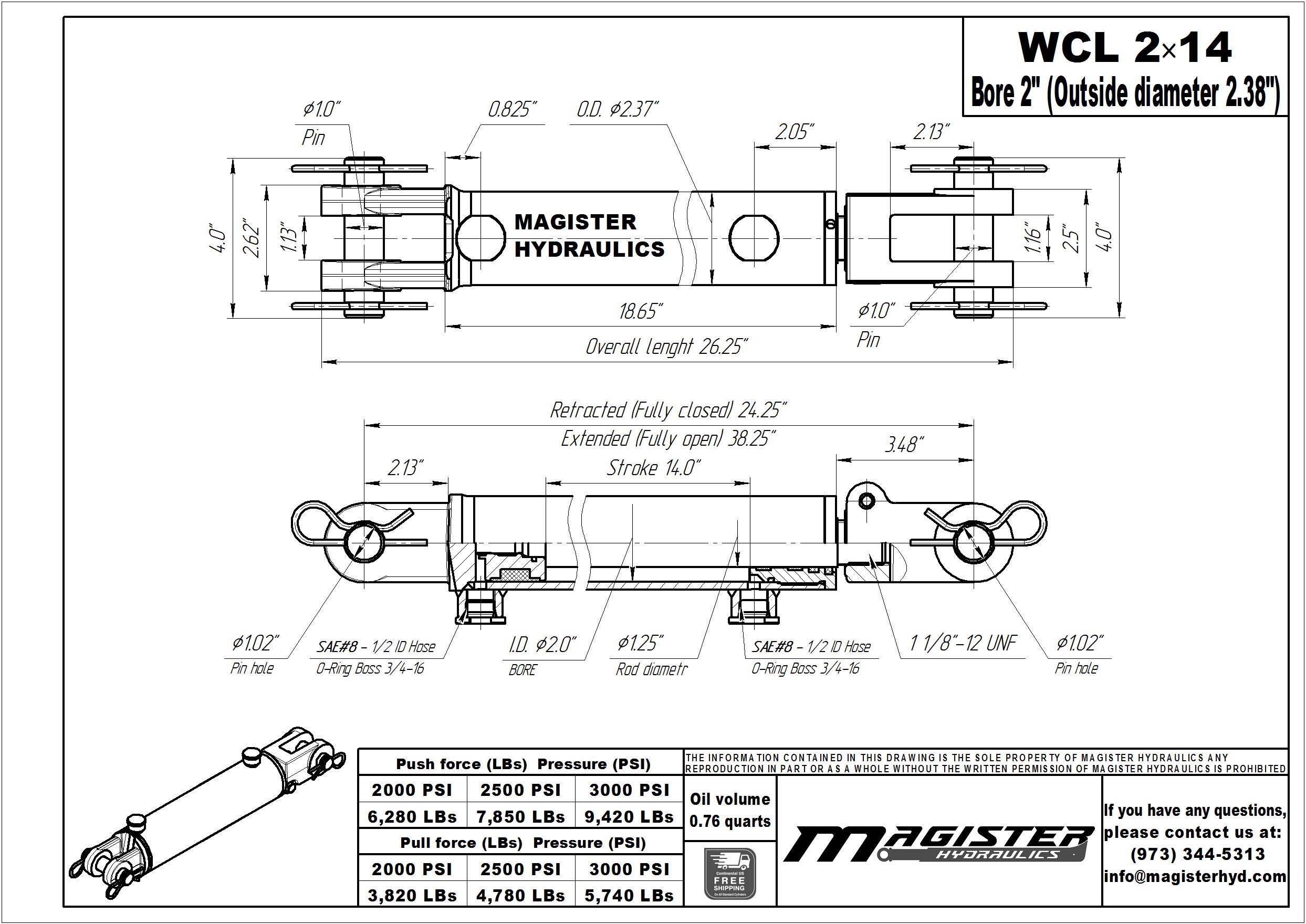 2 bore x 14 stroke hydraulic cylinder, welded clevis double acting cylinder | Magister Hydraulics