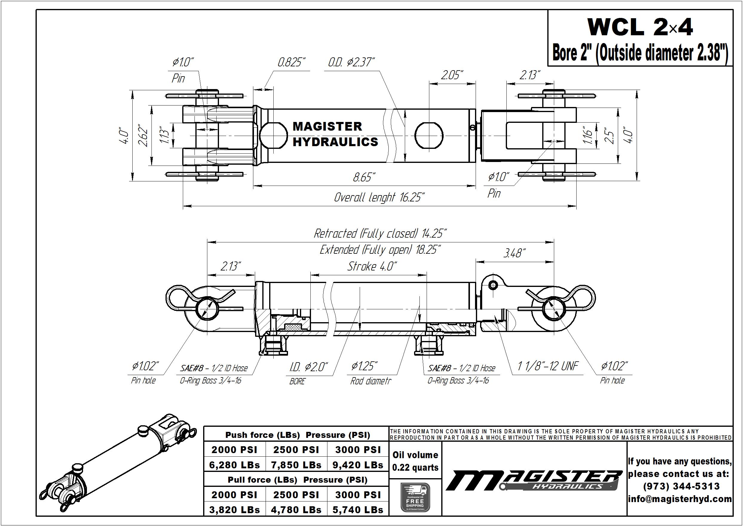 2 bore x 4 stroke hydraulic cylinder, welded clevis double acting cylinder | Magister Hydraulics
