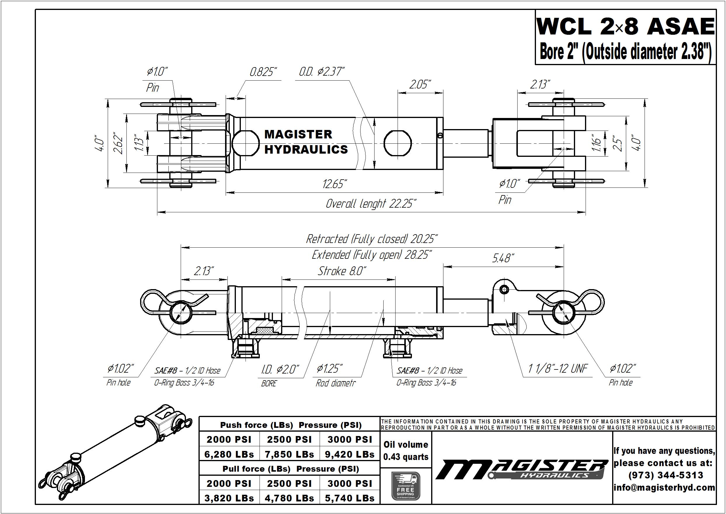 2 bore x 8 ASAE stroke hydraulic cylinder, welded clevis double acting cylinder | Magister Hydraulics