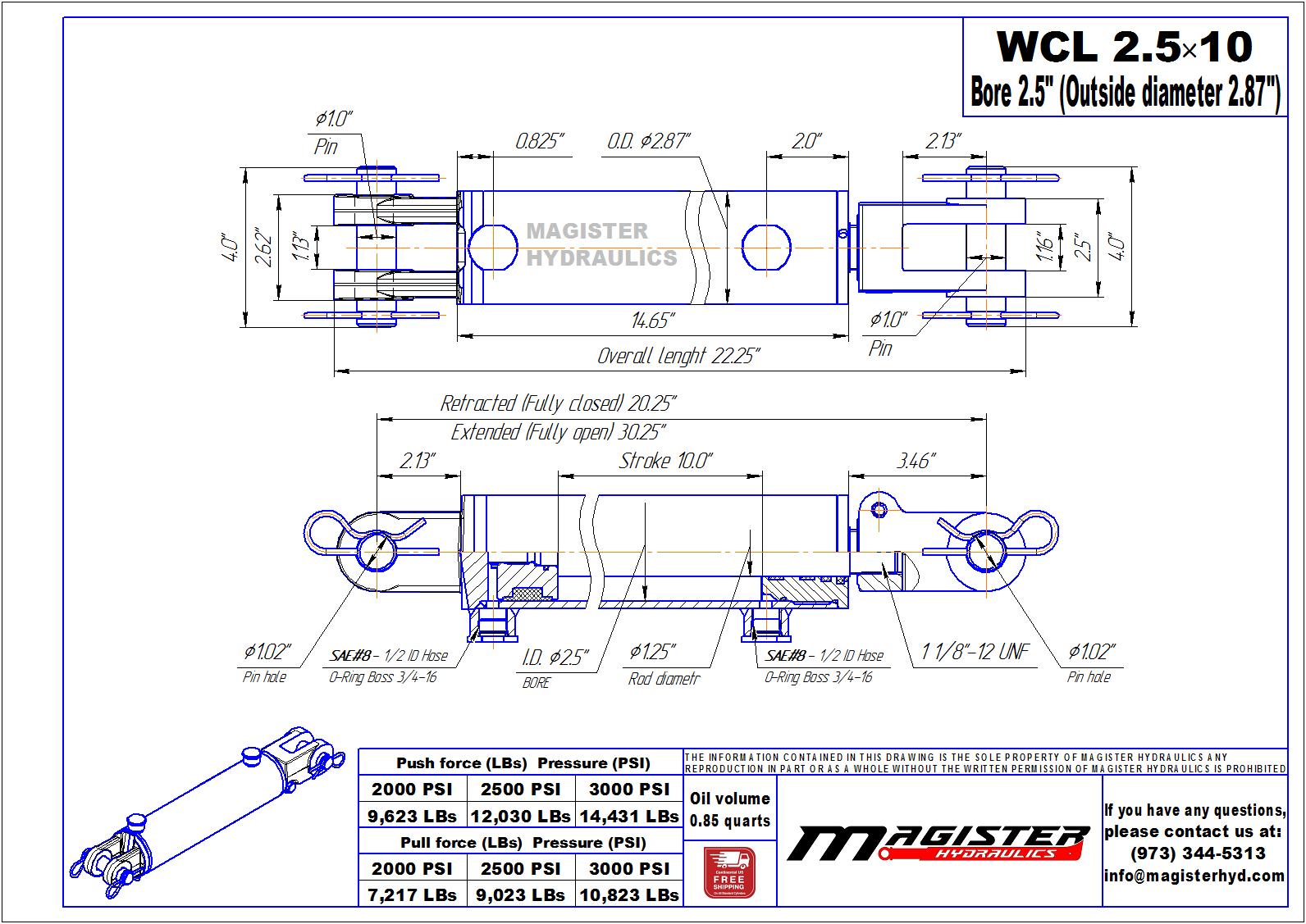 2.5 bore x 10 stroke hydraulic cylinder, welded clevis double acting cylinder | Magister Hydraulics