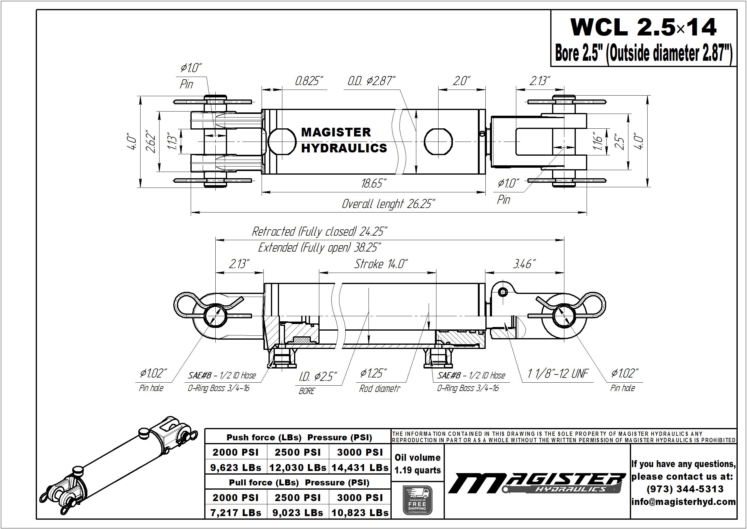 2.5 bore x 14 stroke hydraulic cylinder, welded clevis double acting cylinder | Magister Hydraulics