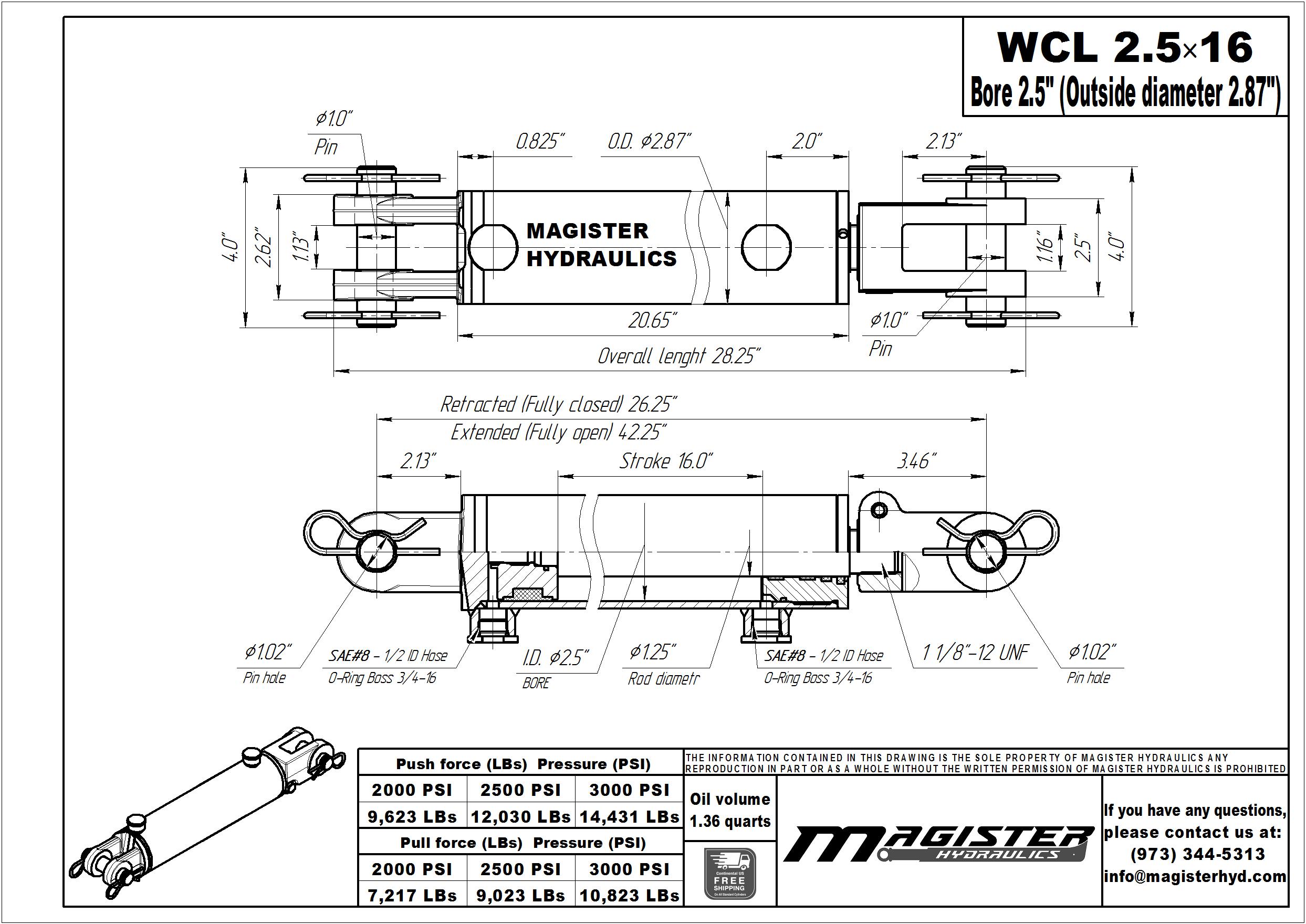 2.5 bore x 16 stroke hydraulic cylinder, welded clevis double acting cylinder | Magister Hydraulics