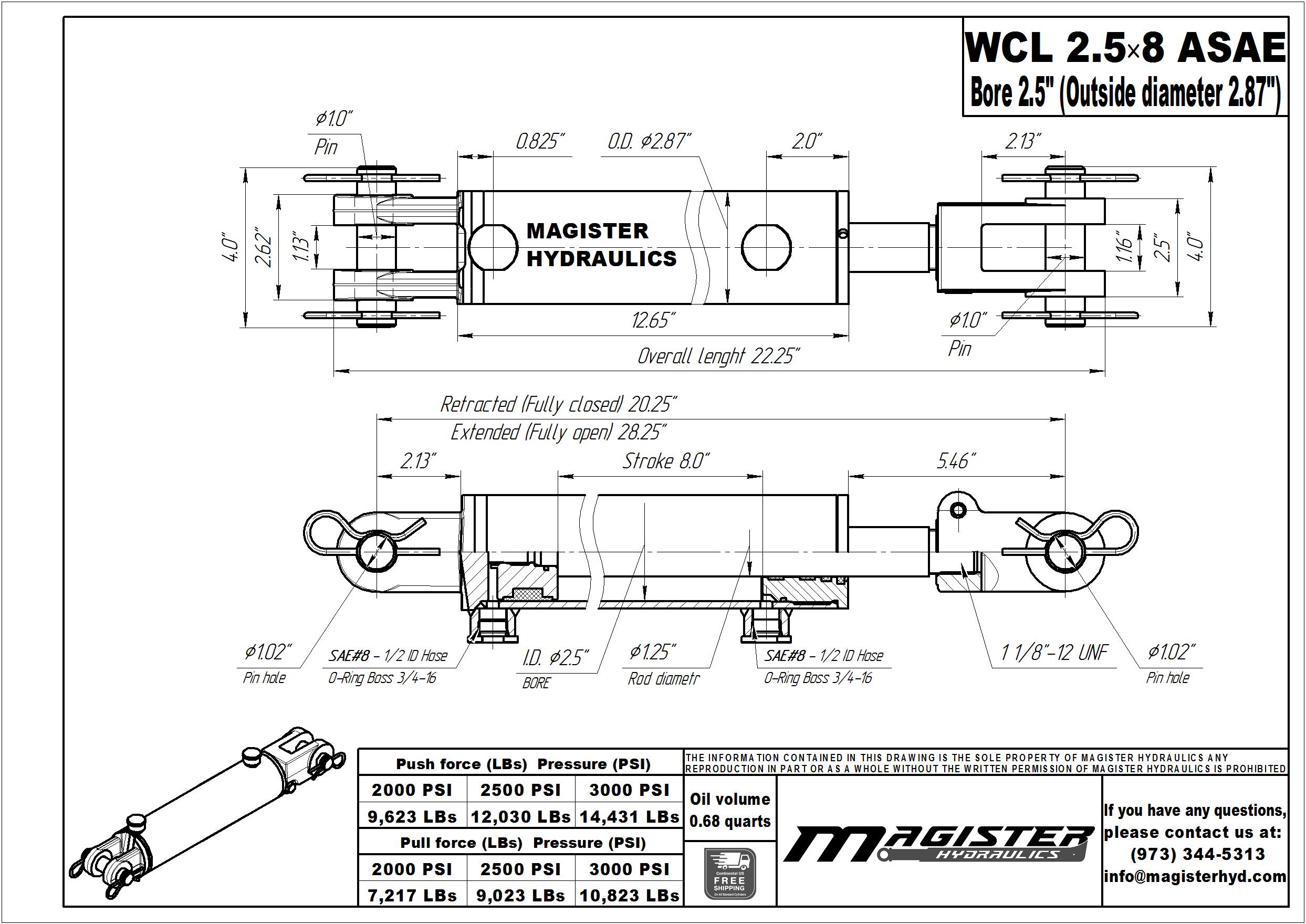 2.5 bore x 8 ASAE stroke hydraulic cylinder, welded clevis double acting cylinder