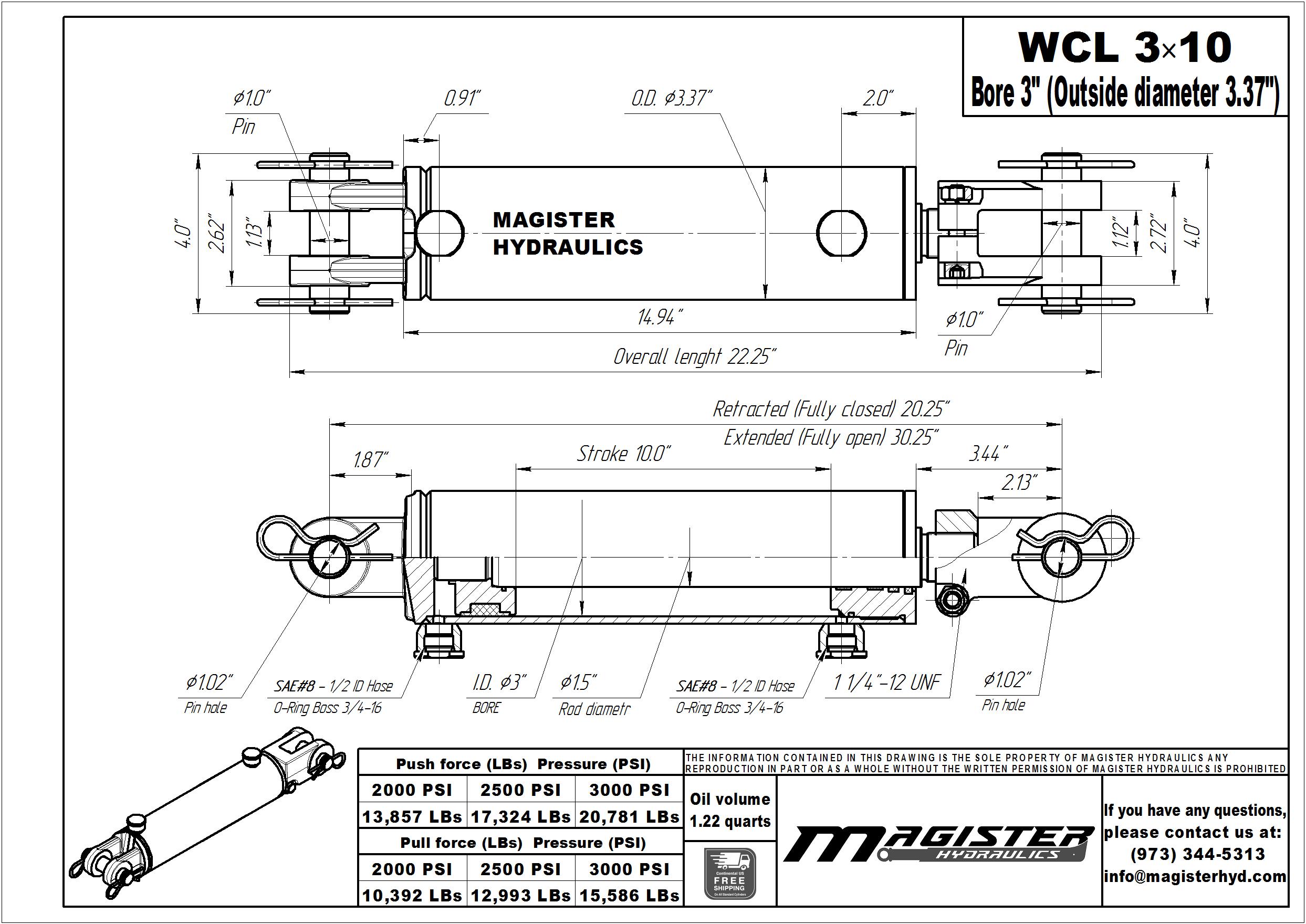 3 bore x 10 stroke hydraulic cylinder, welded clevis double acting cylinder | Magister Hydraulics