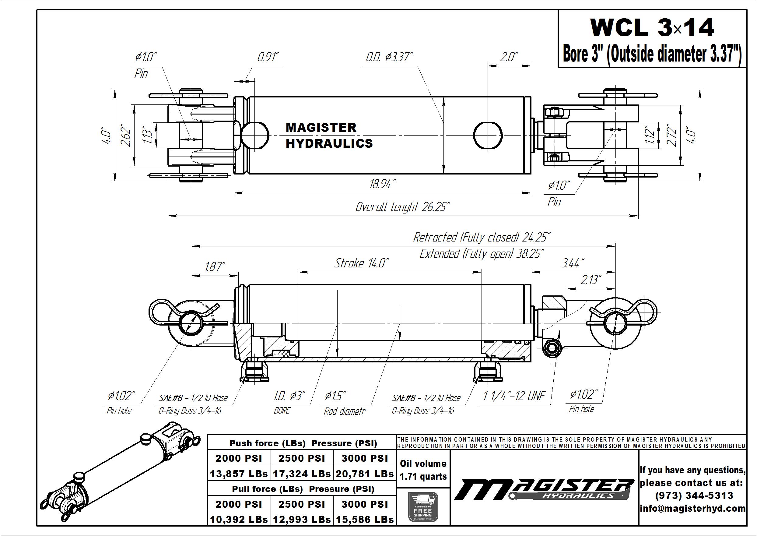 3 bore x 14 stroke hydraulic cylinder, welded clevis double acting cylinder | Magister Hydraulics