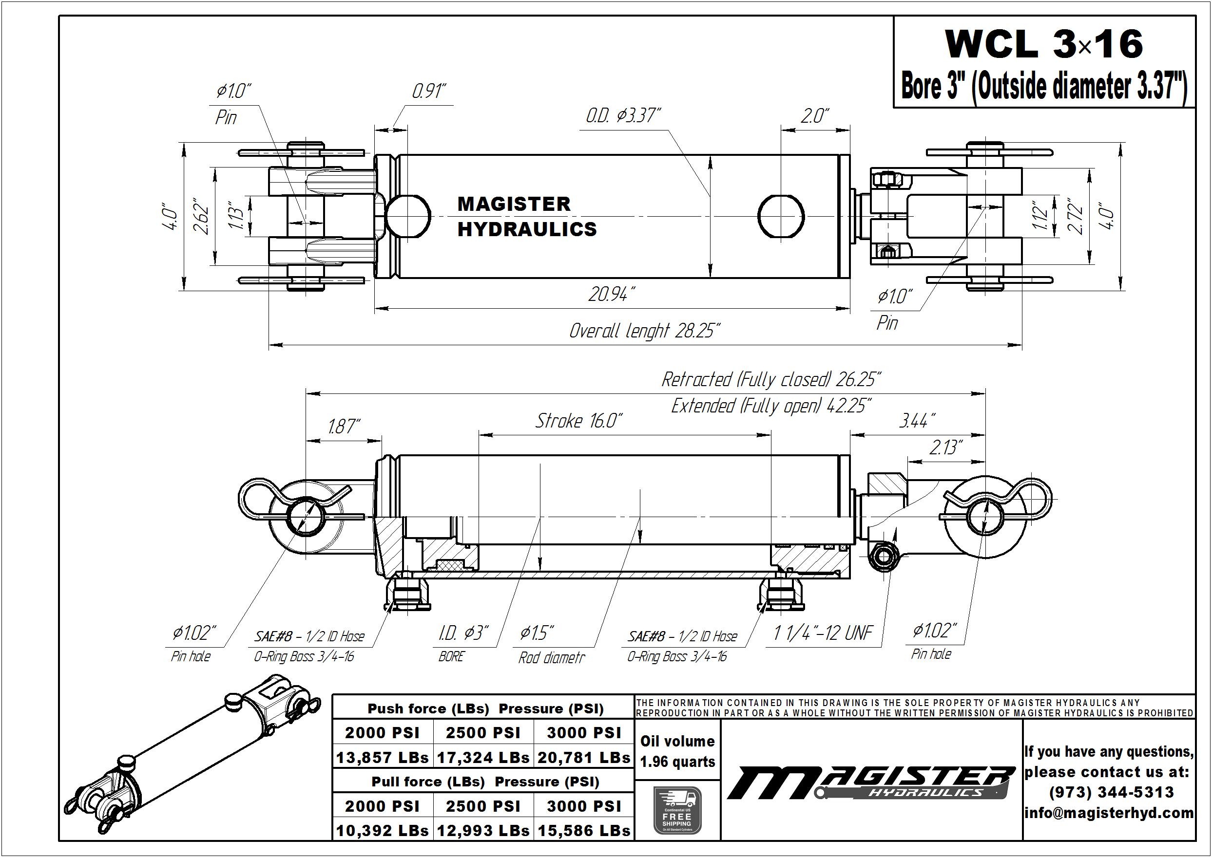 3 bore x 16 stroke hydraulic cylinder, welded clevis double acting cylinder | Magister Hydraulics