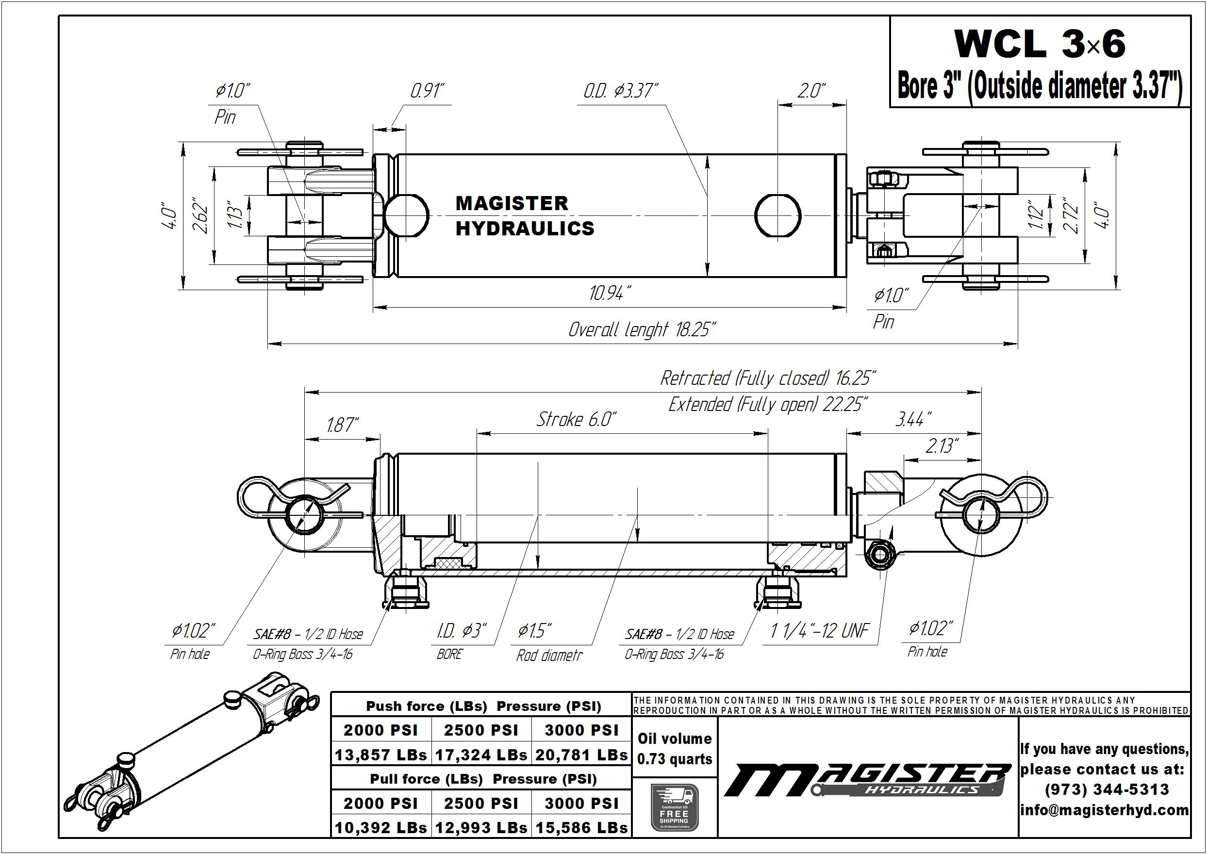 3 bore x 6 stroke hydraulic cylinder, welded clevis double acting cylinder | Magister Hydraulics