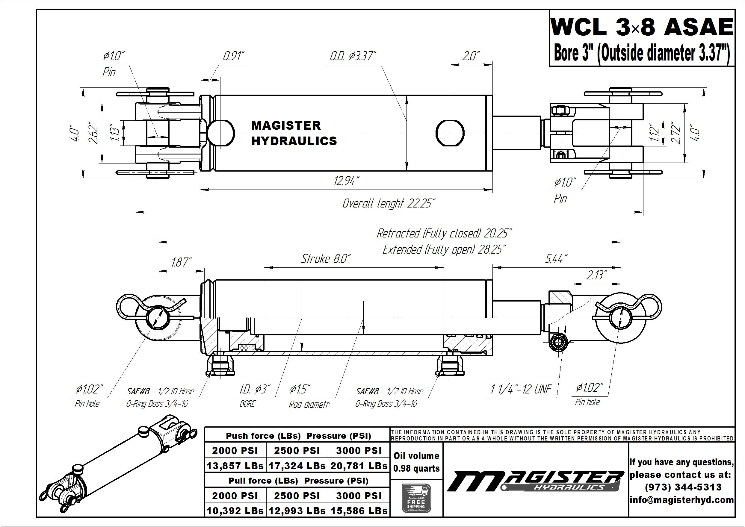 3 bore x 8 ASAE stroke hydraulic cylinder, welded clevis double acting cylinder | Magister Hydraulics