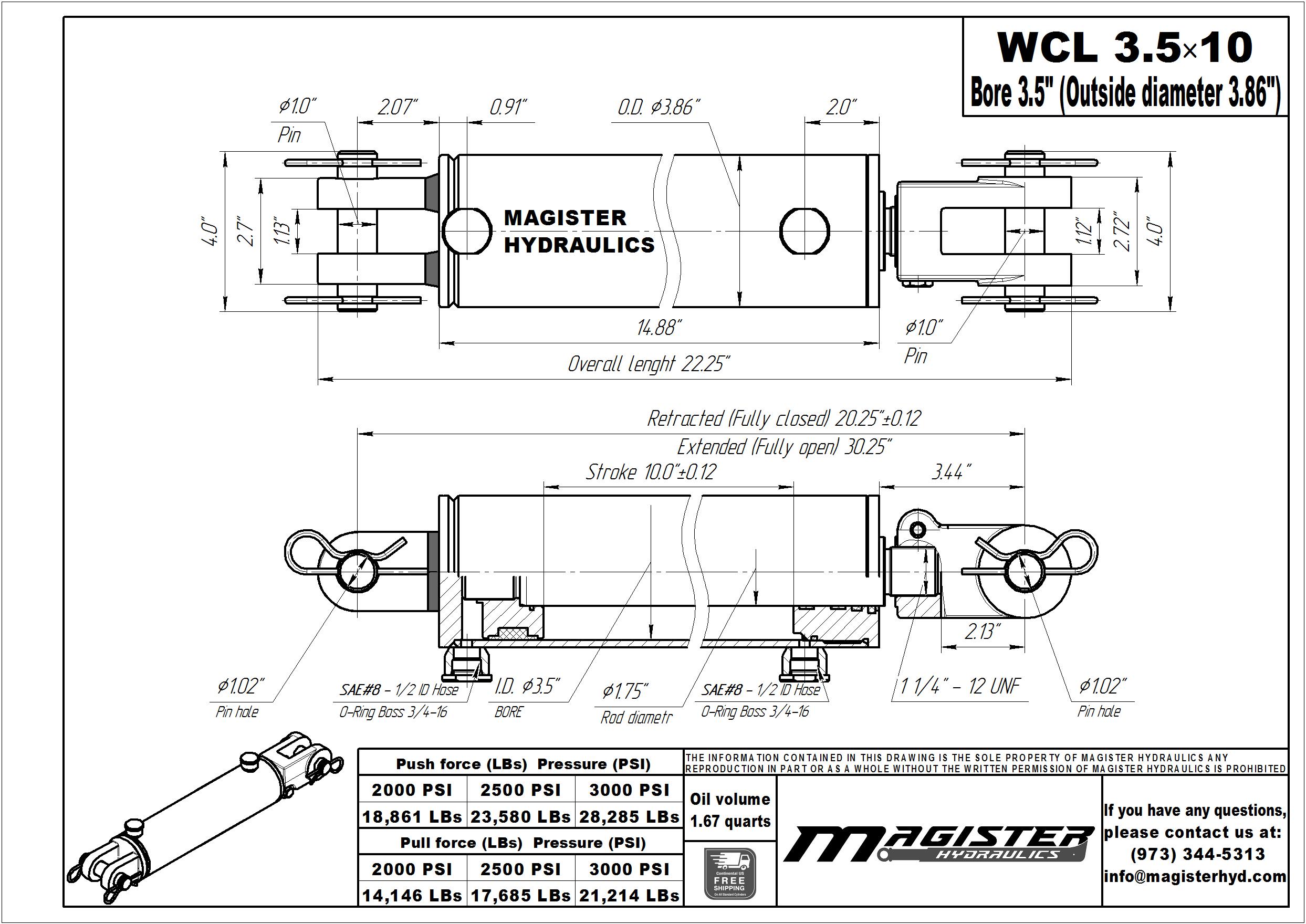 3.5 bore x 10 stroke hydraulic cylinder, welded clevis double acting cylinder | Magister Hydraulics