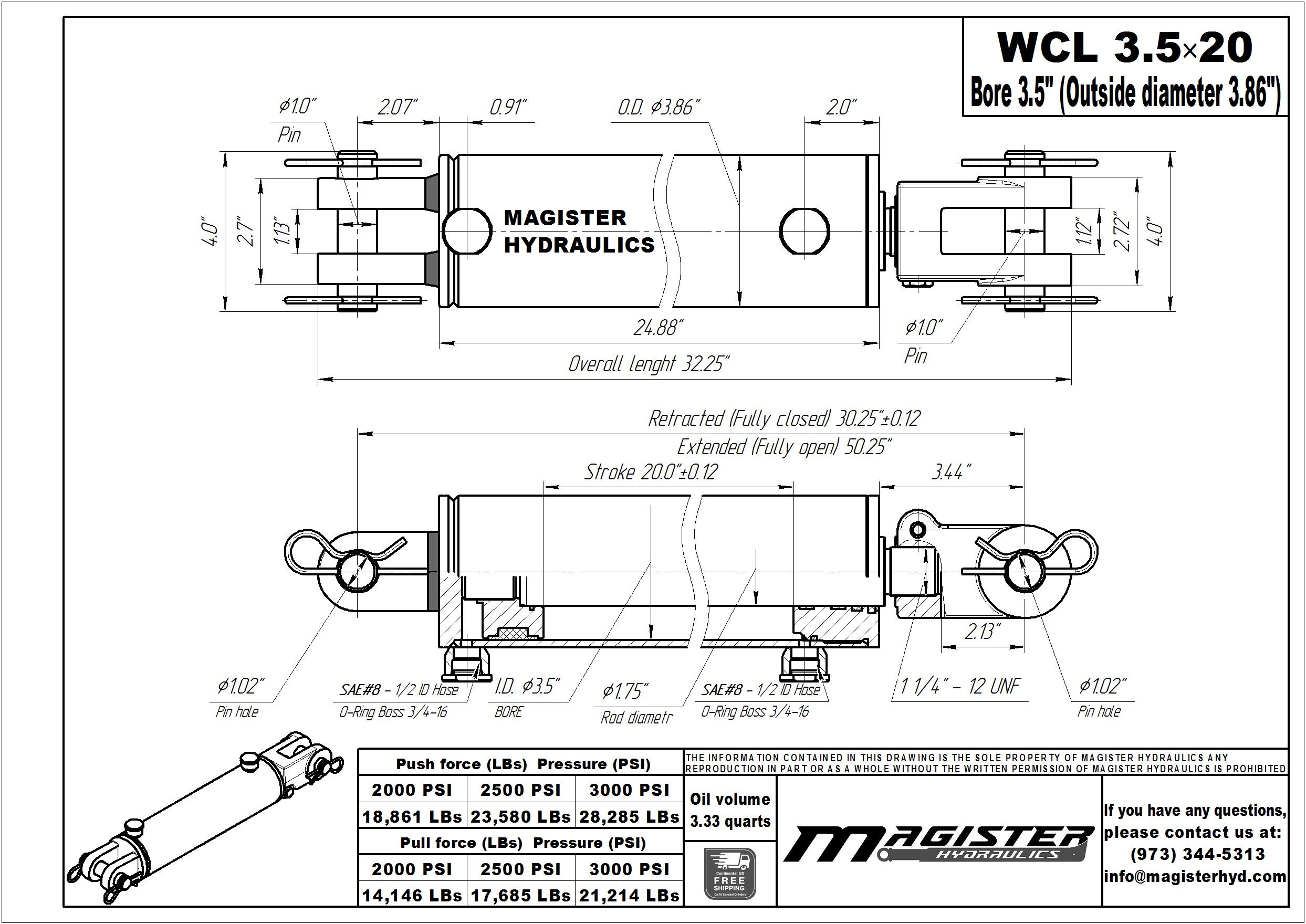 3.5 bore x 20 stroke hydraulic cylinder, welded clevis double acting cylinder | Magister Hydraulics