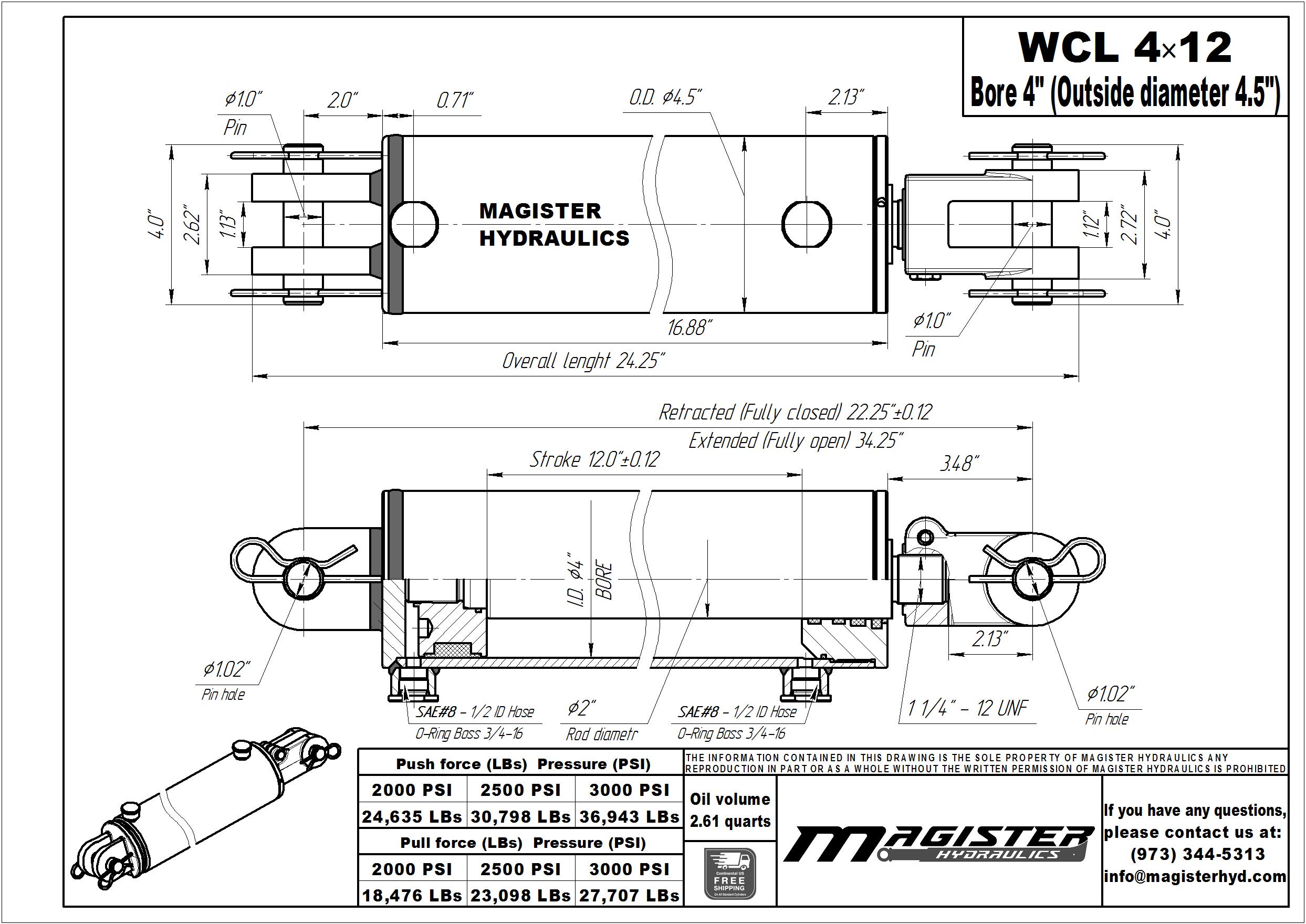 4 bore x 12 stroke hydraulic cylinder, welded clevis double acting cylinder | Magister Hydraulics