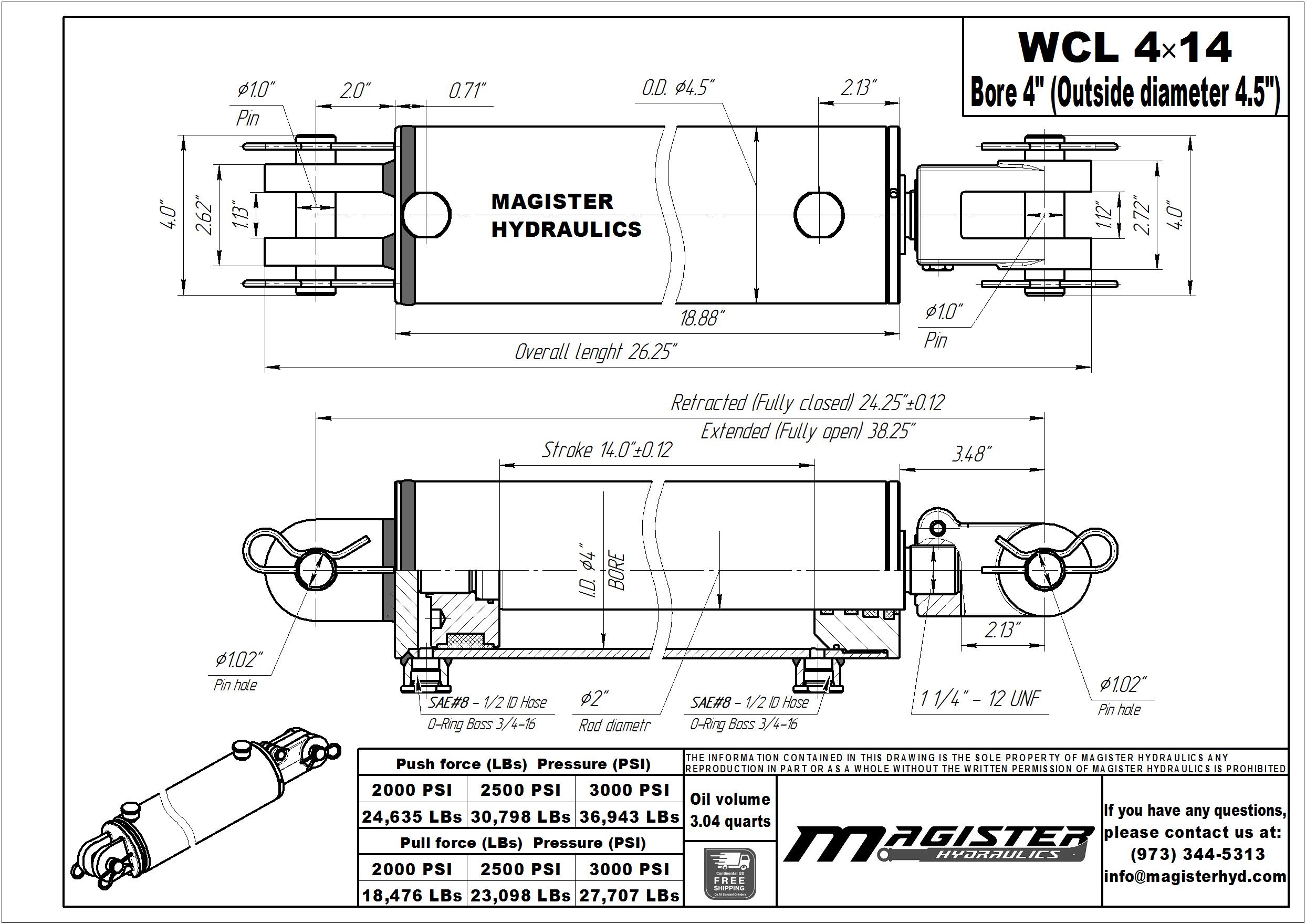 4 bore x 14 stroke hydraulic cylinder, welded clevis double acting cylinder | Magister Hydraulics