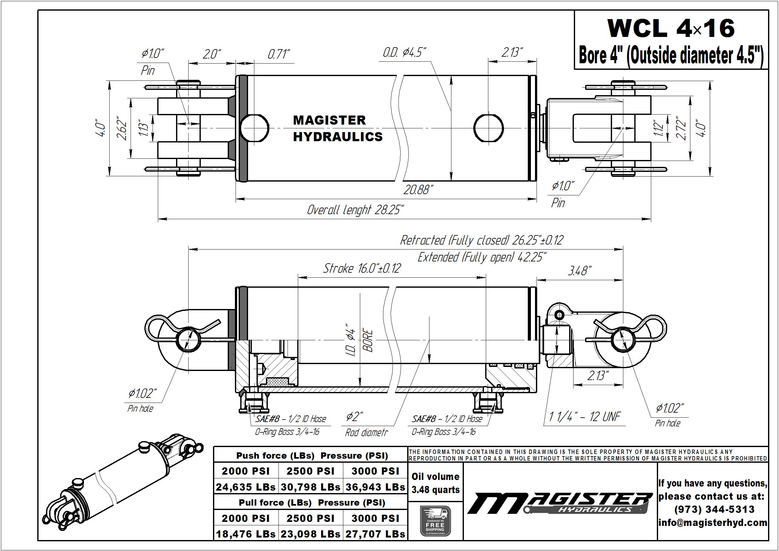 4 bore x 16 stroke hydraulic cylinder, welded clevis double acting cylinder | Magister Hydraulics