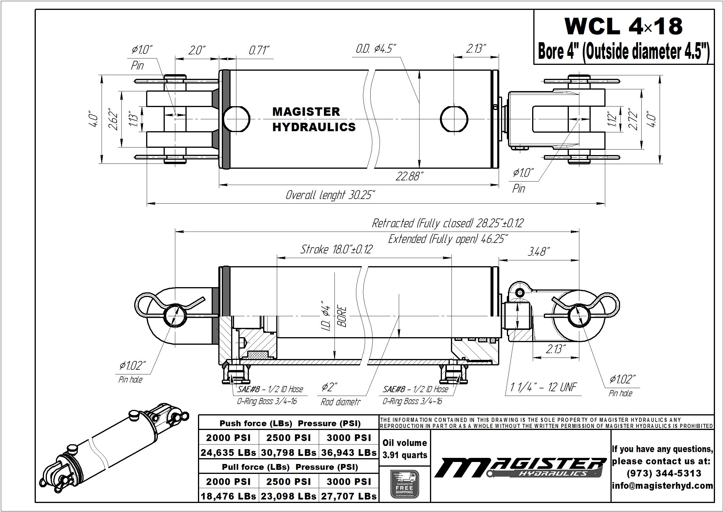 4 bore x 18 stroke hydraulic cylinder, welded clevis double acting cylinder | Magister Hydraulics