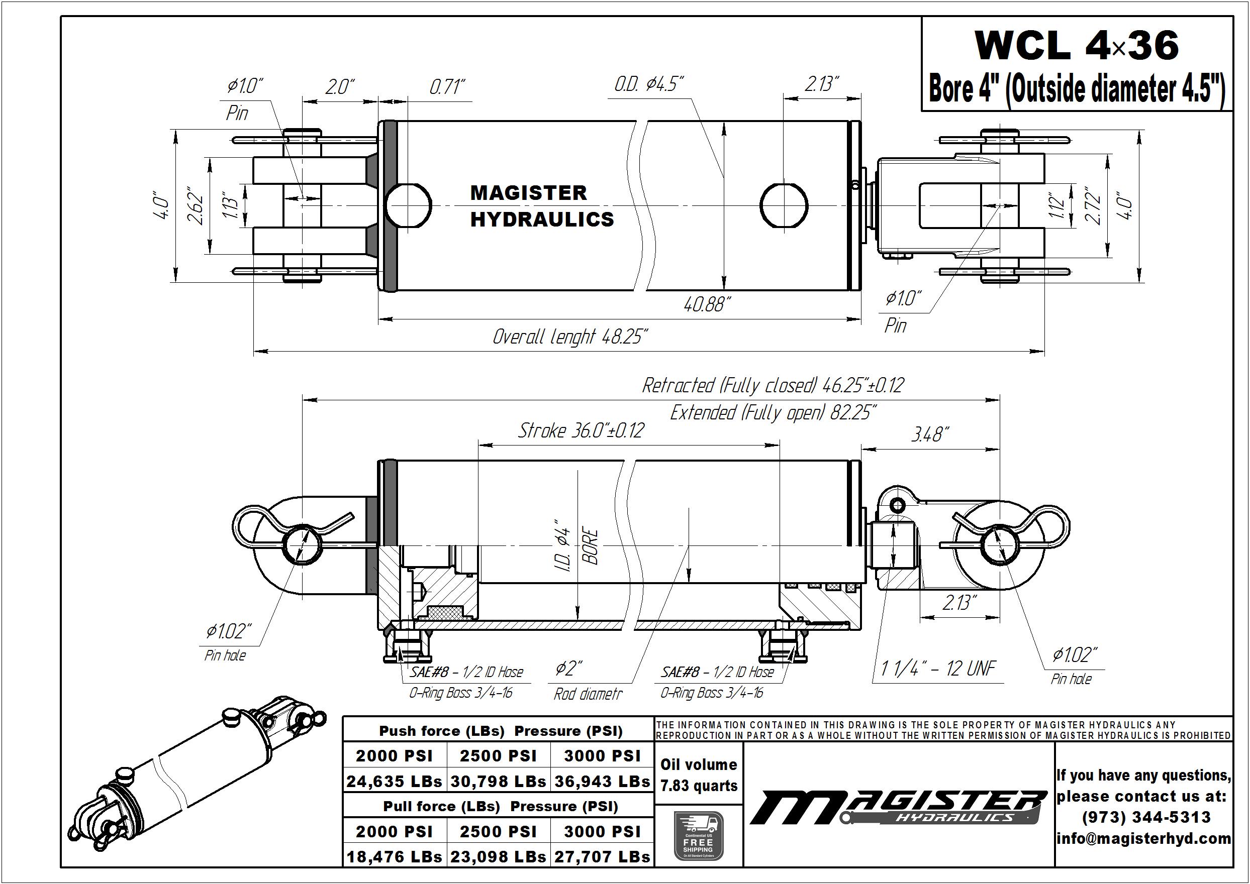 4 bore x 36 stroke hydraulic cylinder, welded clevis double acting cylinder | Magister Hydraulics