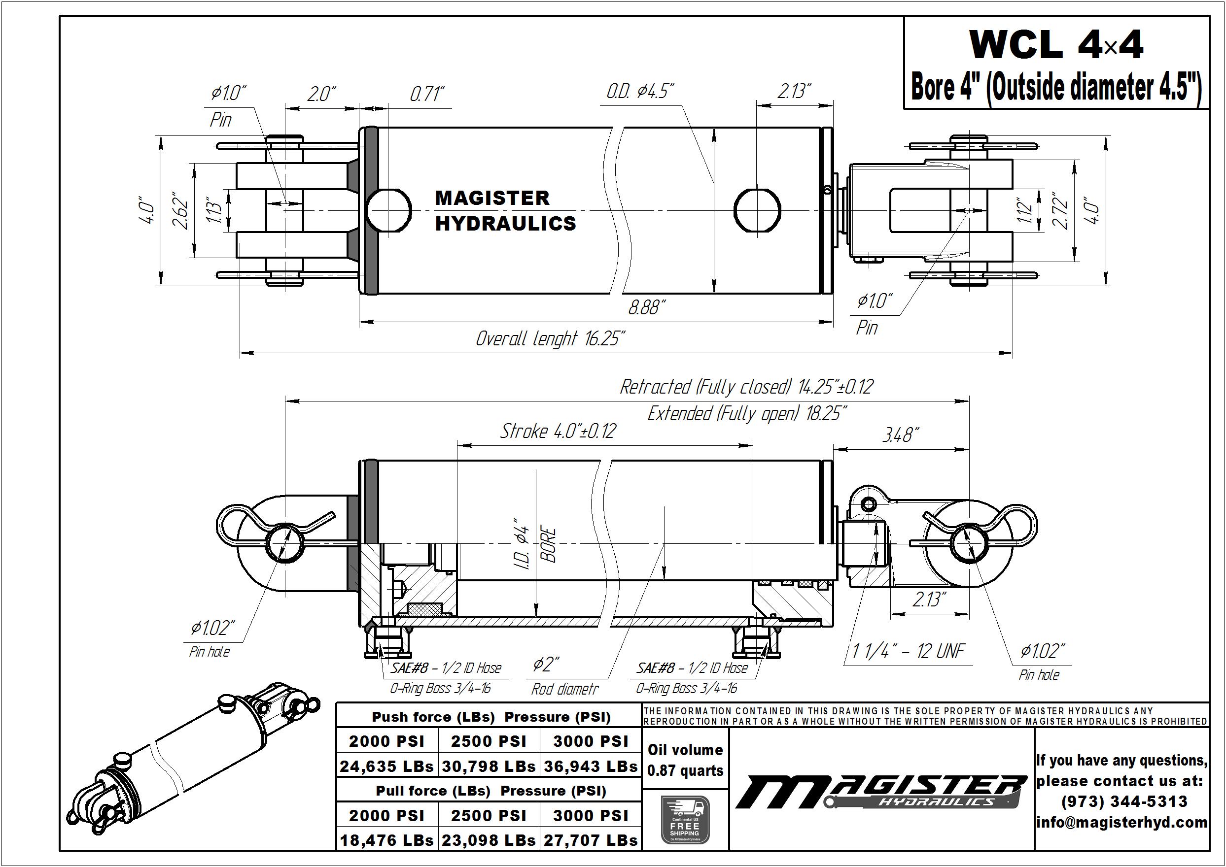 4 bore x 4 stroke hydraulic cylinder, welded clevis double acting cylinder | Magister Hydraulics