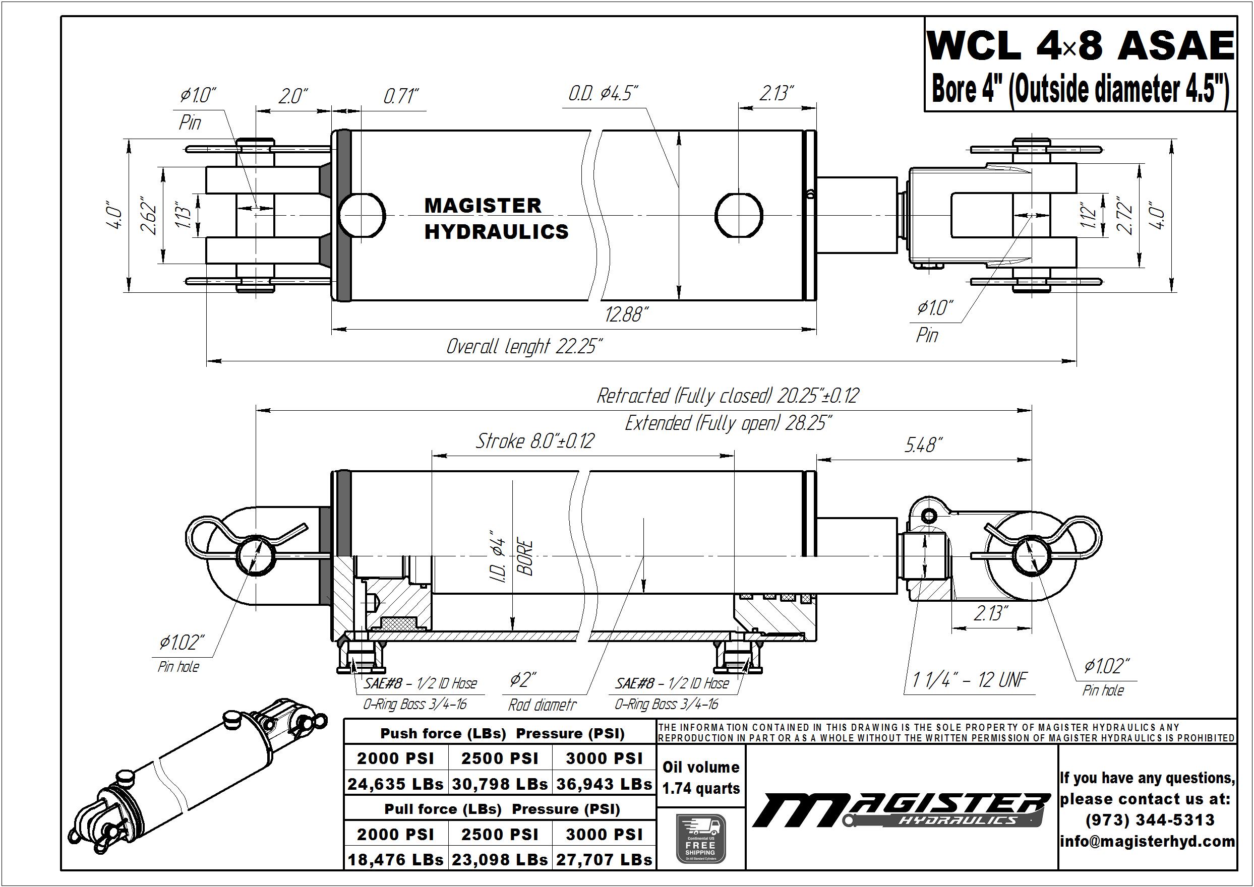 4 bore x 8 ASAE stroke hydraulic cylinder, welded clevis double acting cylinder | Magister Hydraulics