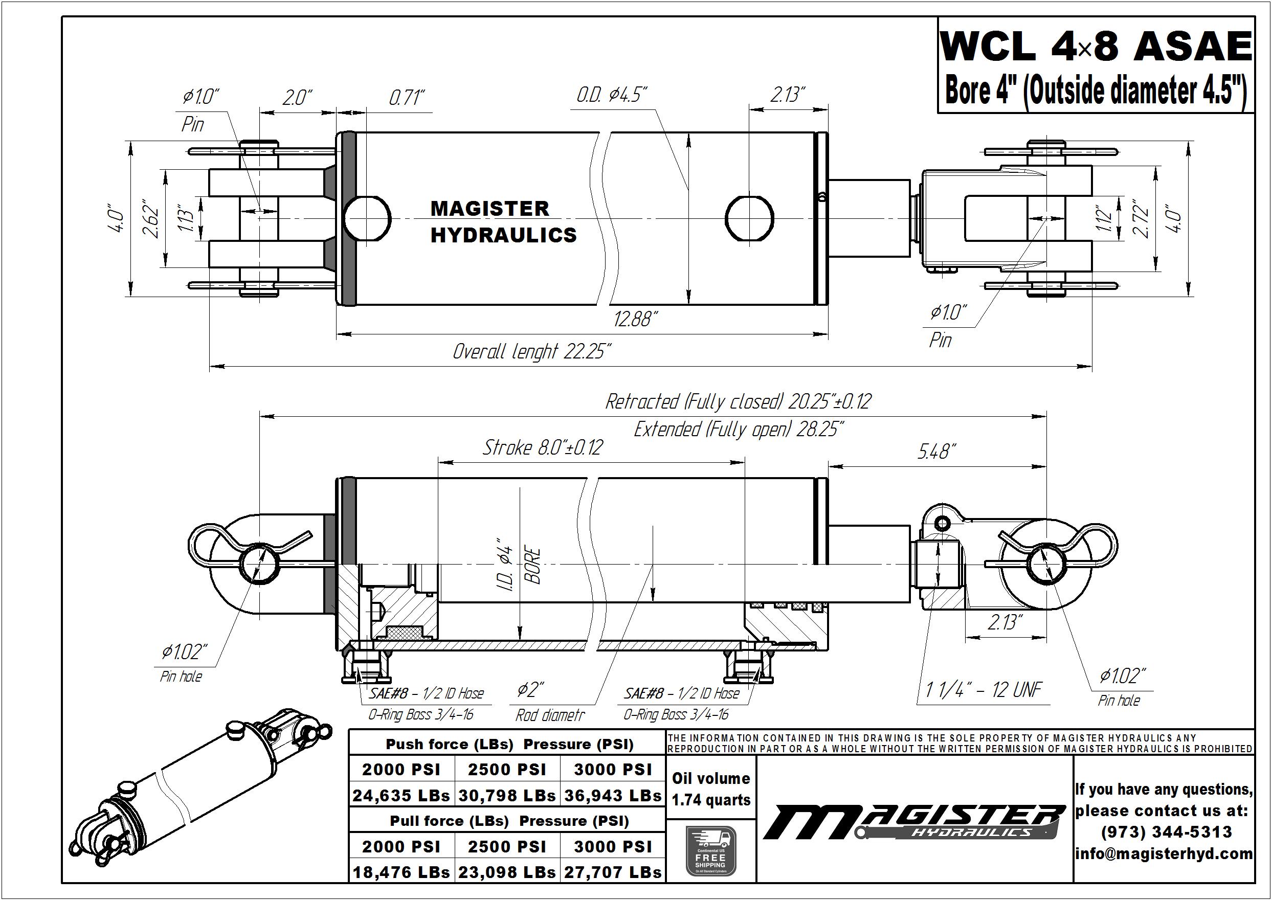 4 bore x 8 ASAE stroke hydraulic cylinder, welded clevis double acting cylinder | Magister Hydraulics